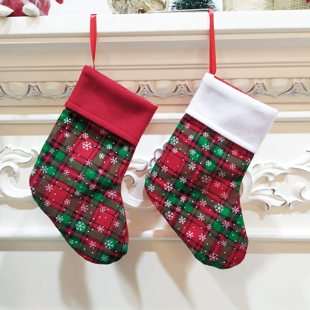 CHARMMYFASHION Christmas Stockings,Personalised Xmas Stockings,9 inch Red and White, Snowflake Checks Pattern,Candy Bag Hanging Gift Bag (A+B)