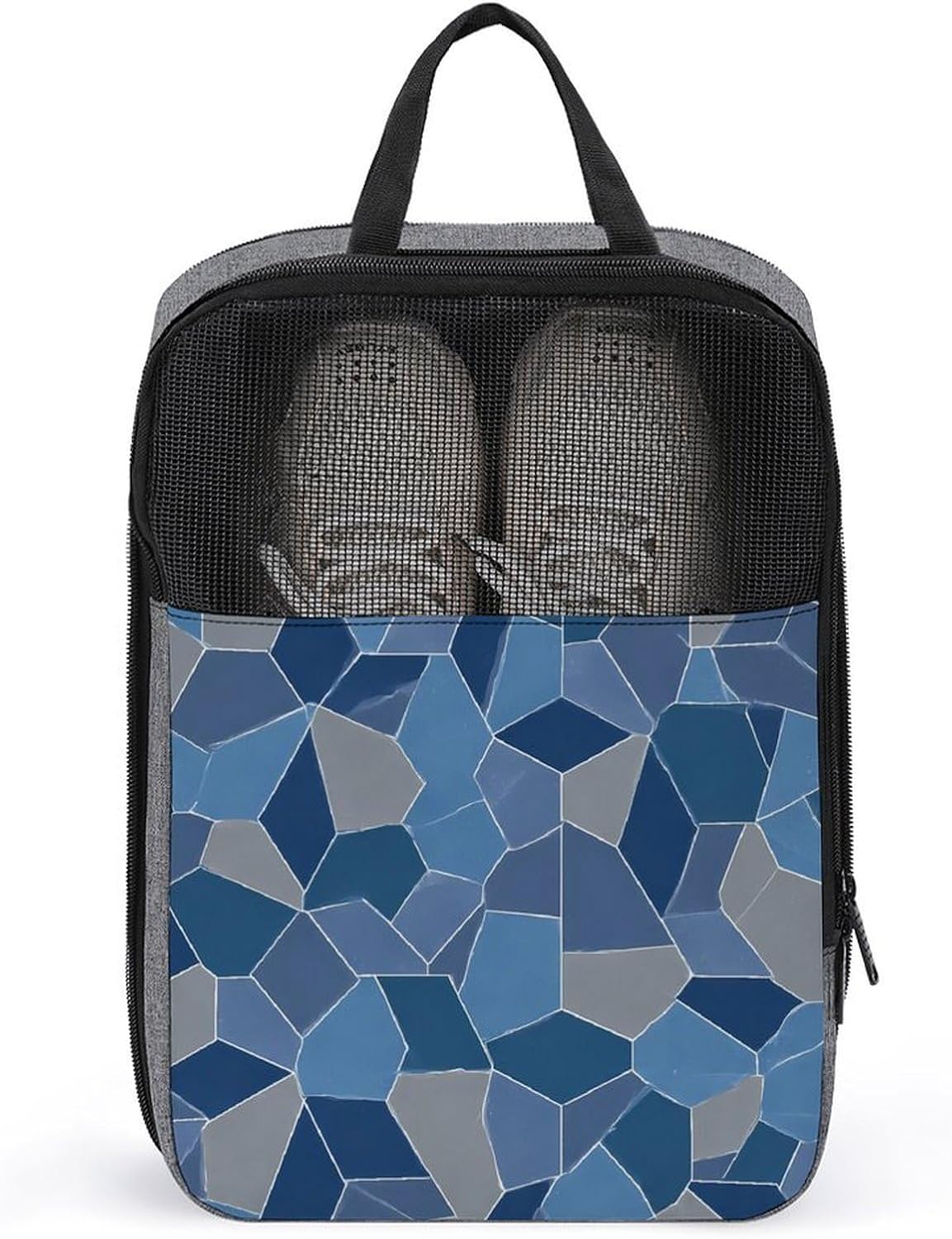 Blue Gray Mosaic Math Pattern Shoe Bag Organizer for Travel with Handle | printed,double zippered closure,for sneaker soccer cleats dance essentials