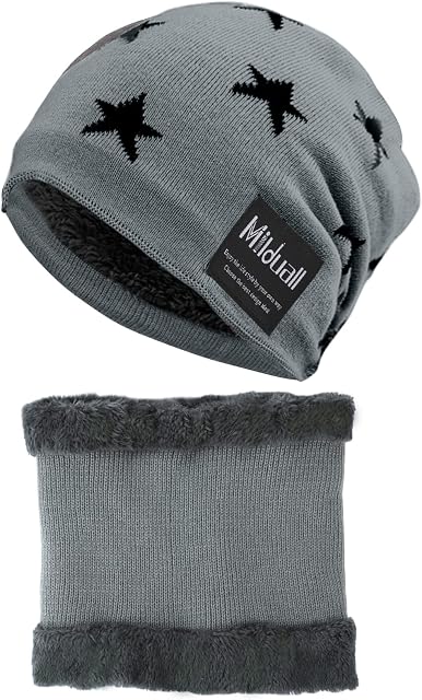 Kids Winter Warm Knit Beanie Hat Neck Warmer Scarf Set with Thick Faux Rabbit Fur Lined for Boys and Girls