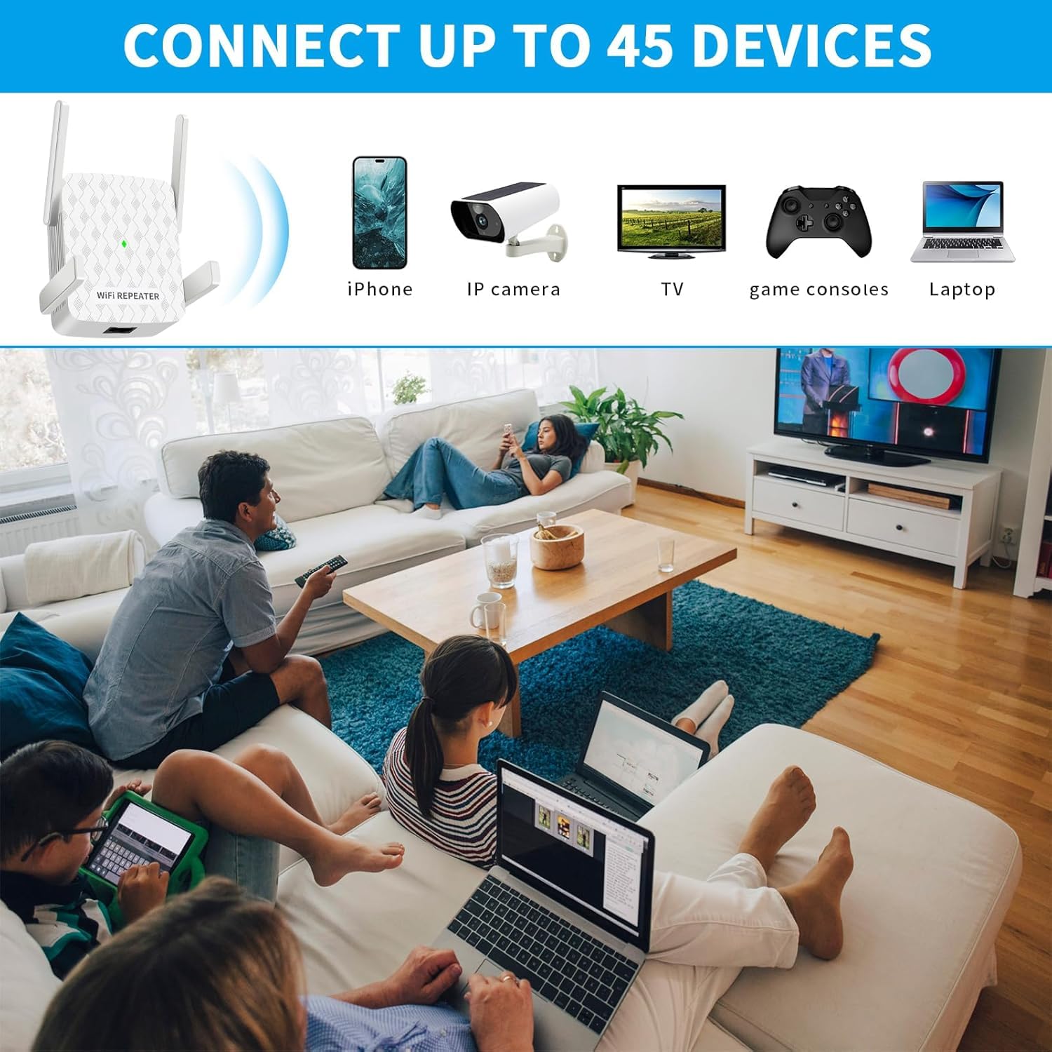 Amplificateur WiFi ultraxtended 1200 Mbps, répéteur WiFi double bande 5 GHz et 2,4 GHz – avec port Ethernet, 4 antennes, configuration rapide, amplificateur de signal sans fil domestique