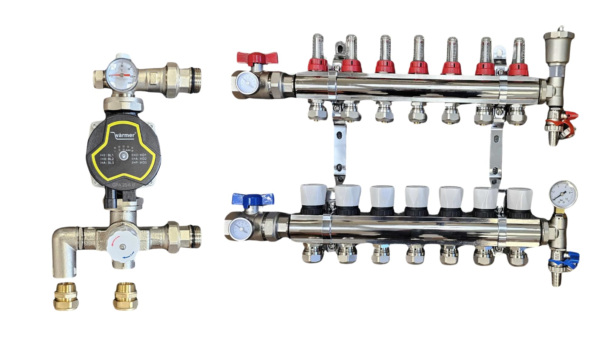 Wärmer System 7 Port Underfloor Heating Manifold with 'A' Rated Auto Pump GPA25-6 III and Blending Valve Set