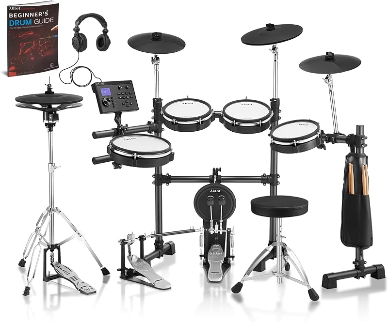 Batería eléctrica de tamaño ampliado: charles independiente de dos piezas de 12'', bombo independiente y caja de doble zona de 10'', platillo ride de triple zona de 12'', parches totalmente de malla, 460 sonidos, pedal doble, negro