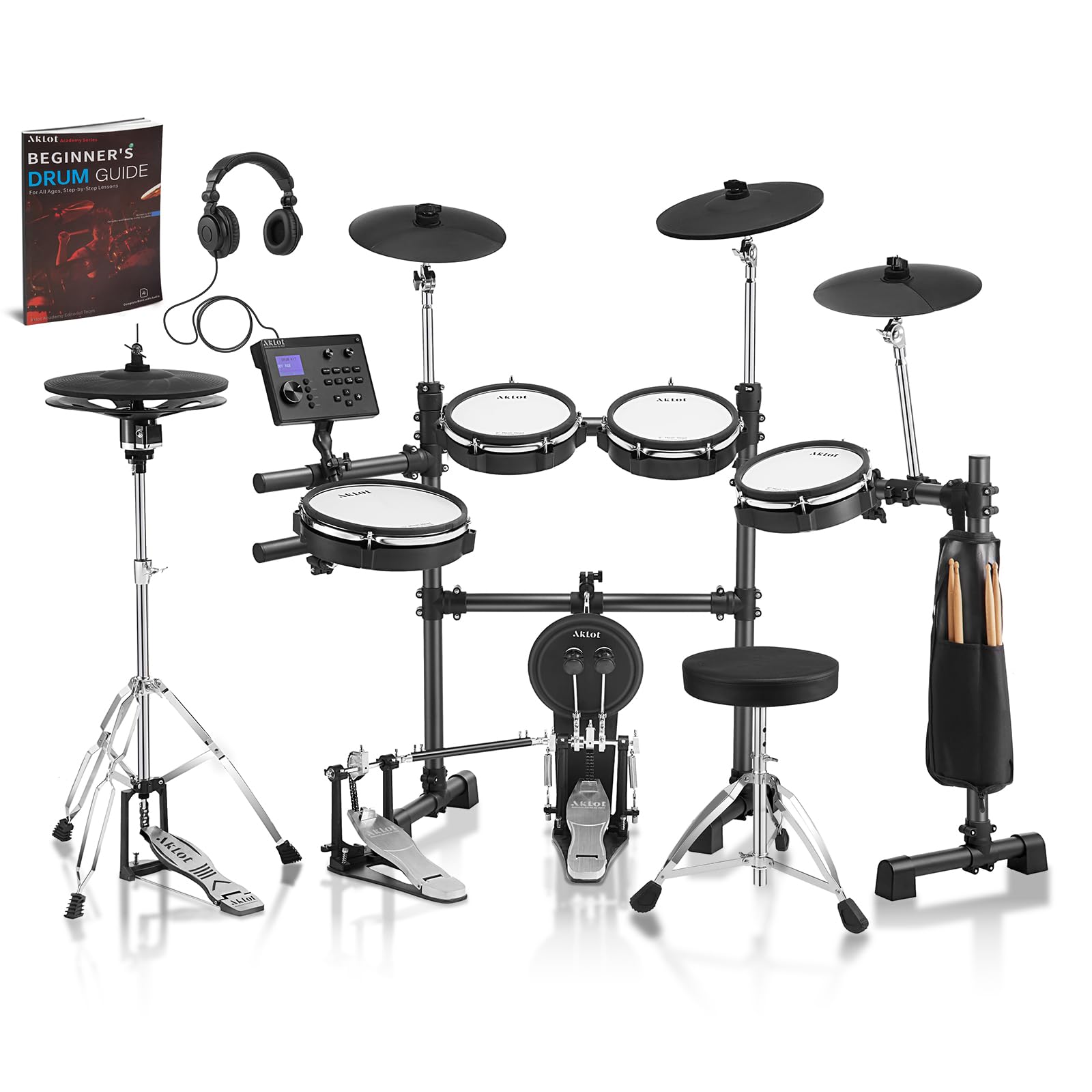 Photo 1 of AKLOT Expanded-Size Electric Drum Set: 12'' Two-Piece Standalone Hi-Hat, Independent Kick Drum and 10'' Dual-Zone Snare, 12'' Triple-Zone Ride Cymbal, All Mesh Heads, 460 Sounds, (Double Bass Pedal)
