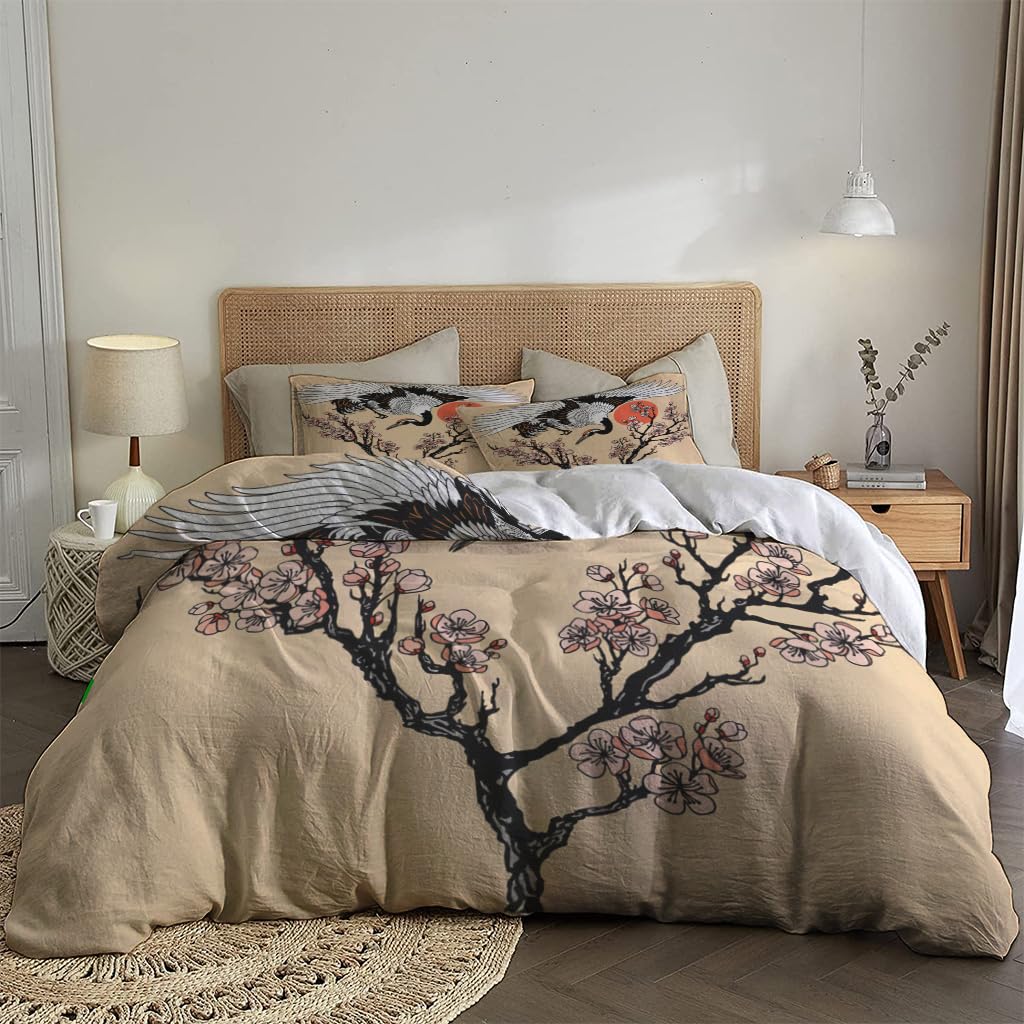 NIBAINLO 布団カバー桜の枝と赤い太陽を持つタンチョウヅル 肌に優しい ピーチスキン加工 掛け布団カバー 和式 洋式 あったか 布団カバーセット リバーシブル ホームステイ ホテル 家庭兼用