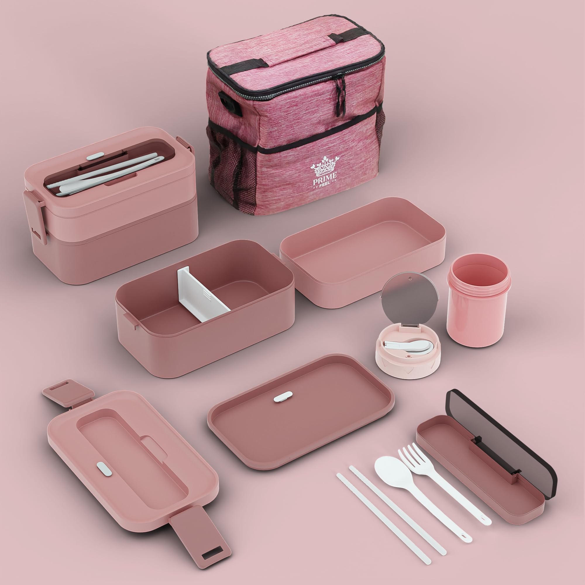 PRIME FEEL Bento Box (1600ml), 2 Tier BPA-Free Bento Lunch Box with Insulated Lunch Bag, Cutlery Set & Soup Cup, Leak-Proof Lunchbox Adults and Kids for Office, School, Picnic or Travel, Pink