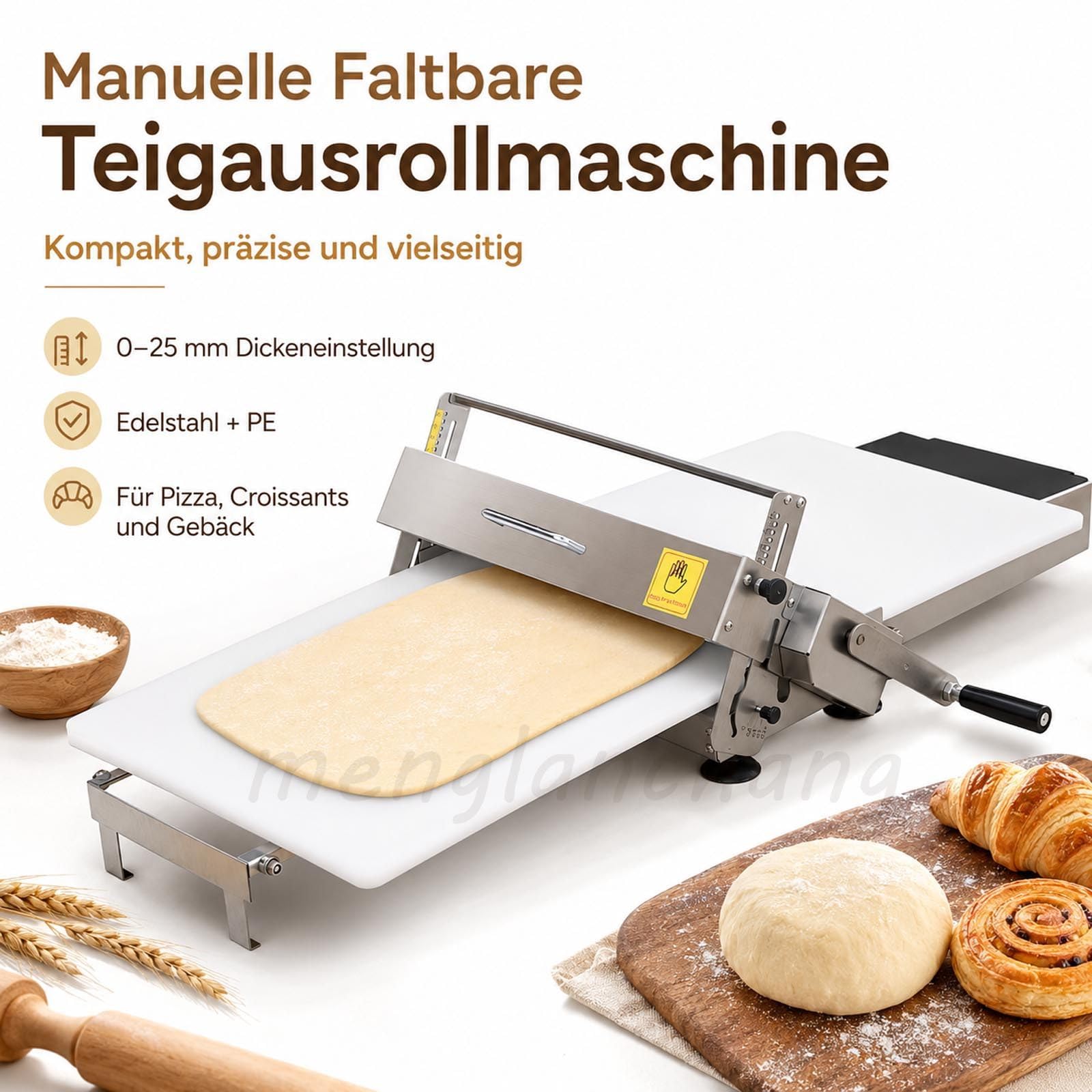 Teigausrollmaschine Edelstahl Gewerbliche/Heim, Manuelle Faltbare Ausrollmaschine Mit 0-25mm Einstellbarer Dicke FüR BläTterteig, Fondant, Pizza, Croissants Und Konditoreien Modell300