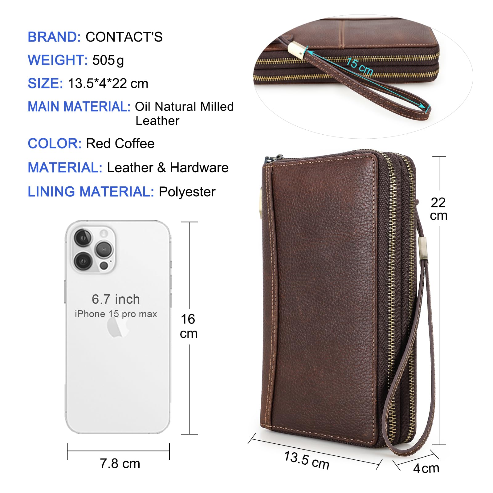 Carta de viaje para hombre de piel auténtica con correa de mano, bloqueo RFID para pasaporte, gran capacidad, bolso de mano para teléfono móvil