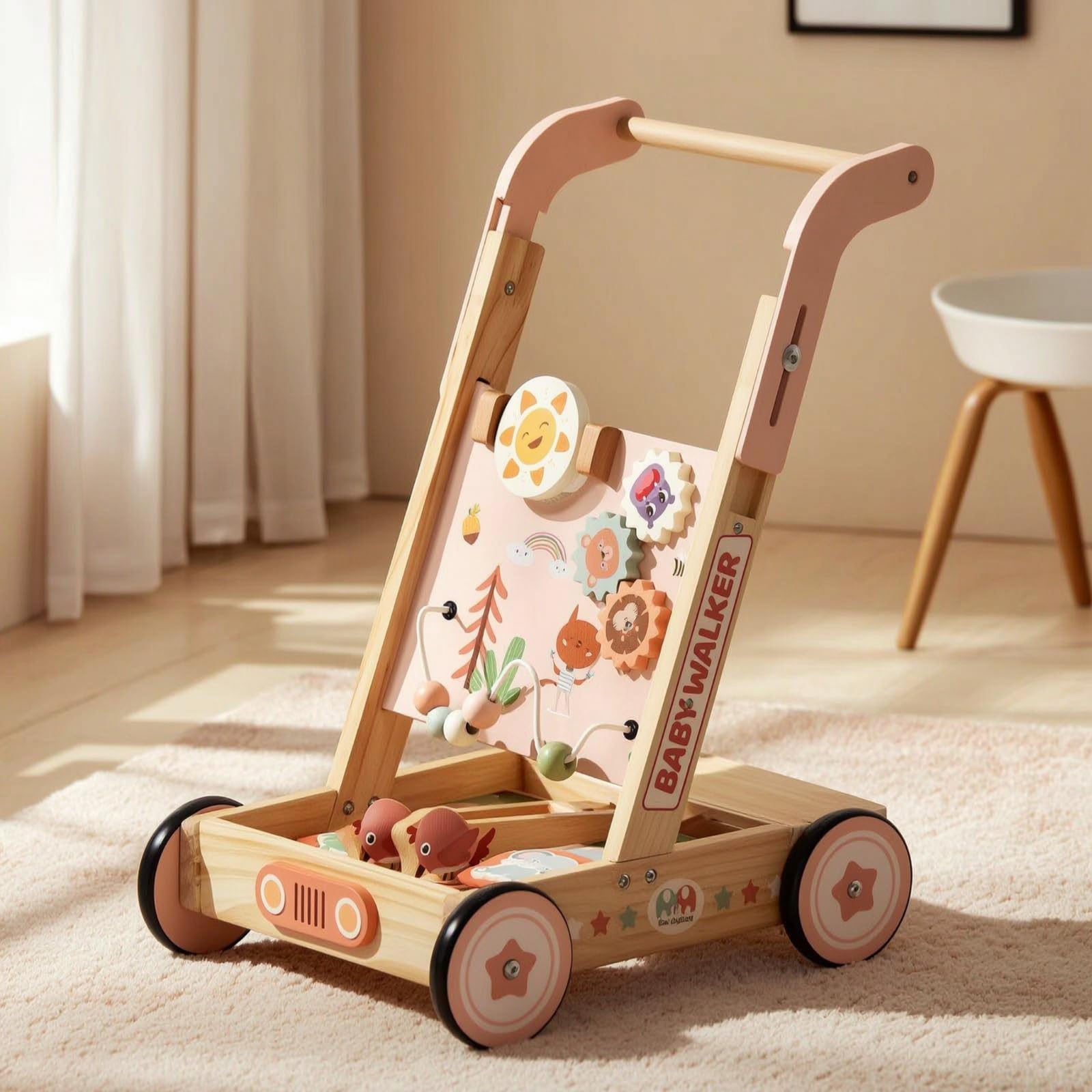 Amagogo Kinder Lernlaufwagen Holz Lauflernwagen Spielcenter Schiebewagen Aktivitätsboard mit Tiermotiven Zahnrädern Perlenbahn Robuster Rahmen Vier Räder