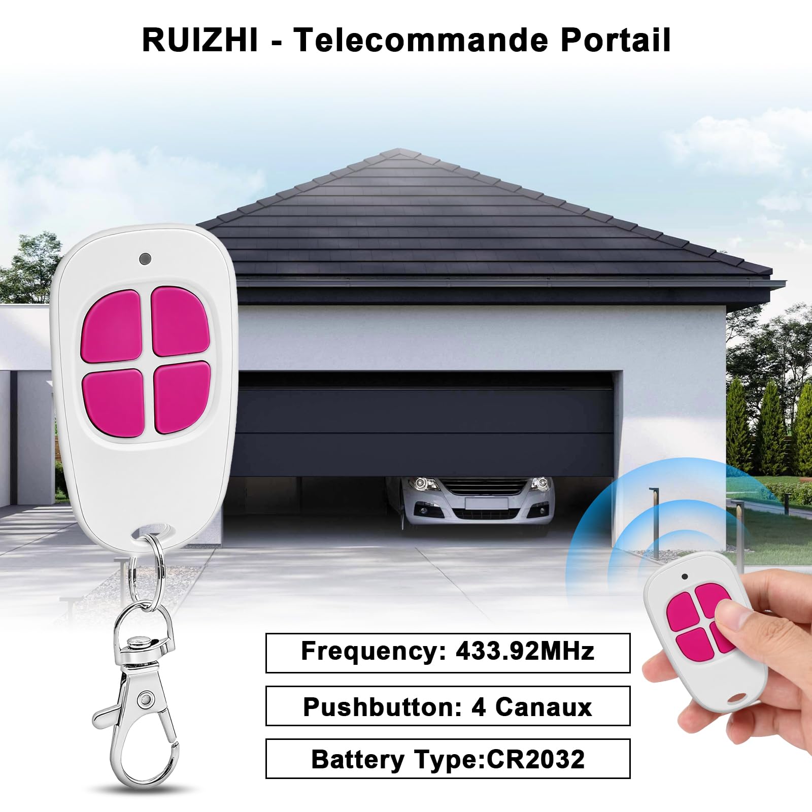 433,92 MHz Transmisor de mando a distancia para AAM0094 AAM0121 AAM0135 AAM0133 AAM0085, 433,92 MHz, 4 Canaux, transmisor manual – rosa