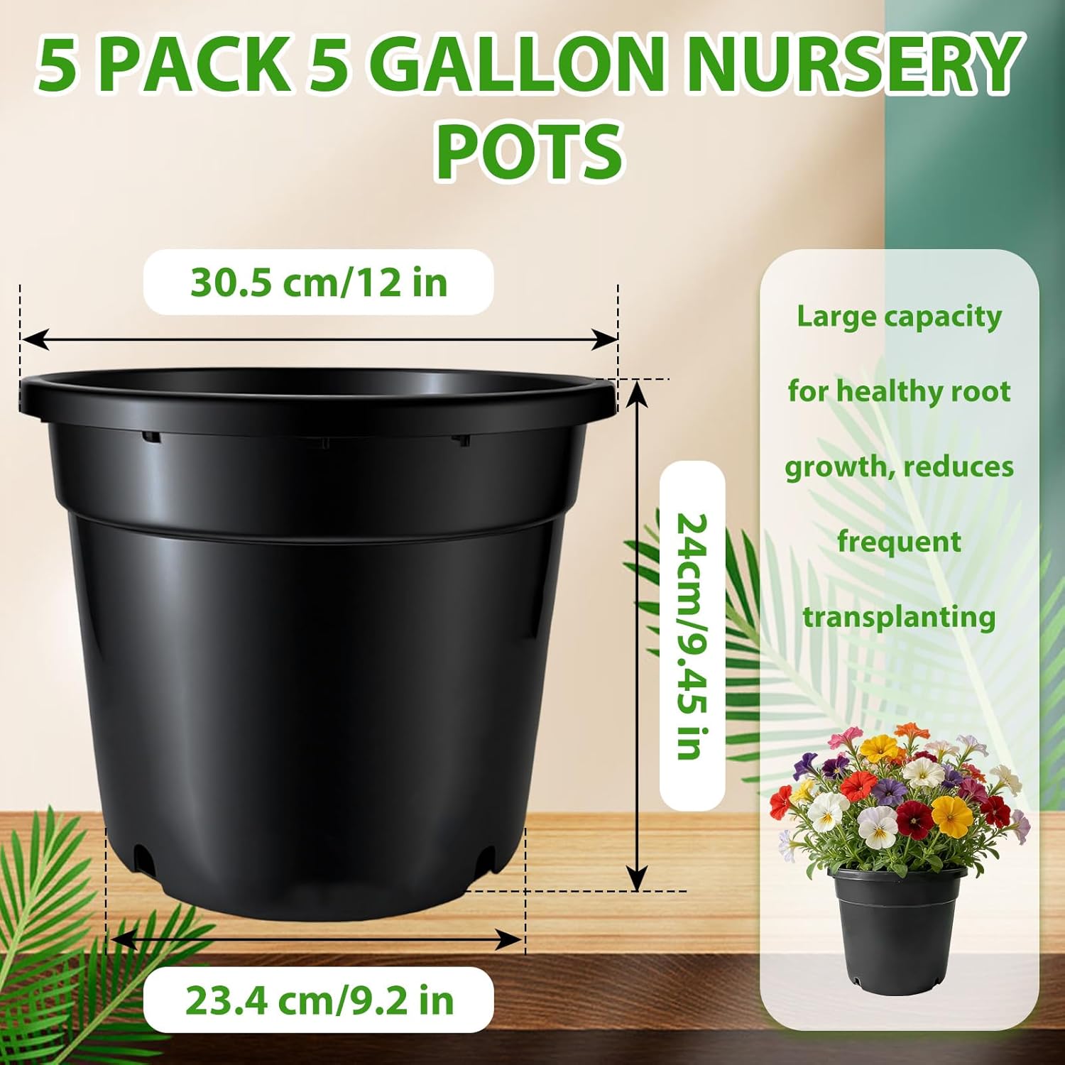 5 Gallon Pots for Plants, 5 Pack 12 Inch Round Sturdy Plastic Plant Pot Planters with Drainage Holes for Outdoor Indoor Plants, Flowers, Black