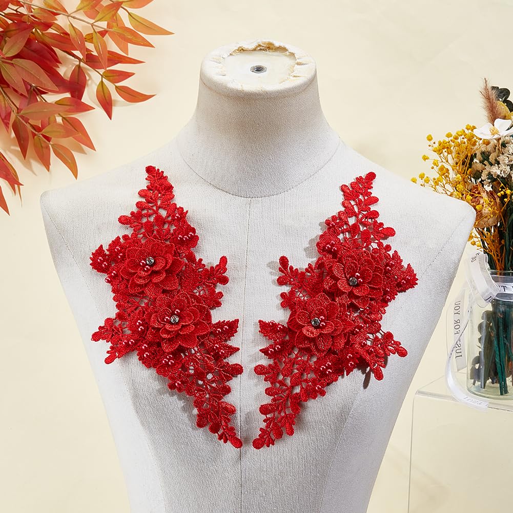 4 pz di Applique Floreali In Pizzo Rosso Vintage Ricamate 3D Da Cucire su Scollature In Poliestere Perline Scintillnot easy to per Cucire Realizzare Accessori per Abbigliamento Fai Da Te Abi