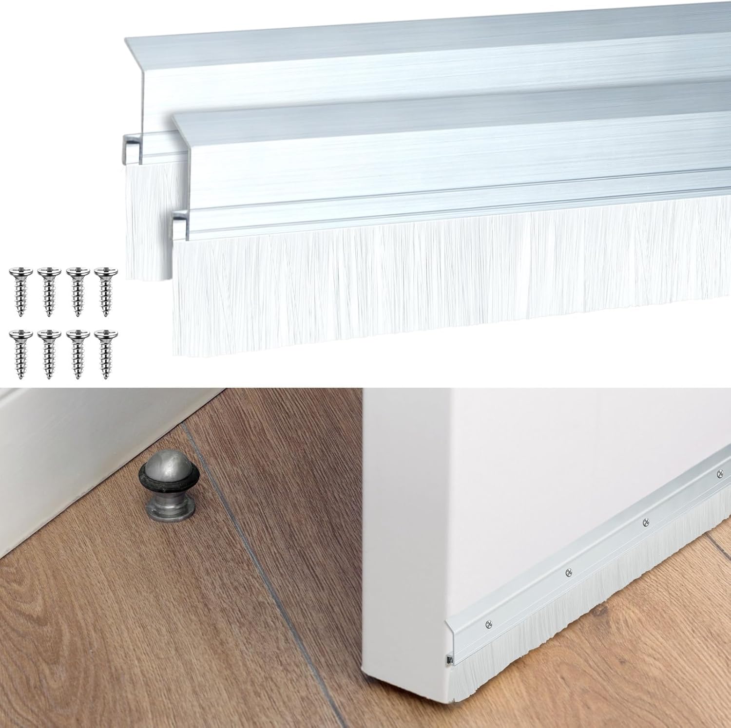 Hushee 4 Pcs 2x36 Inches Brush Door Sweep for Exterior, Aluminum Commercial Door Sweep Bottom All-Season Alloy Brush for Exterior and Interior Sealing Gaps Keeps Out Cold Air, Dust (Silver and Black)