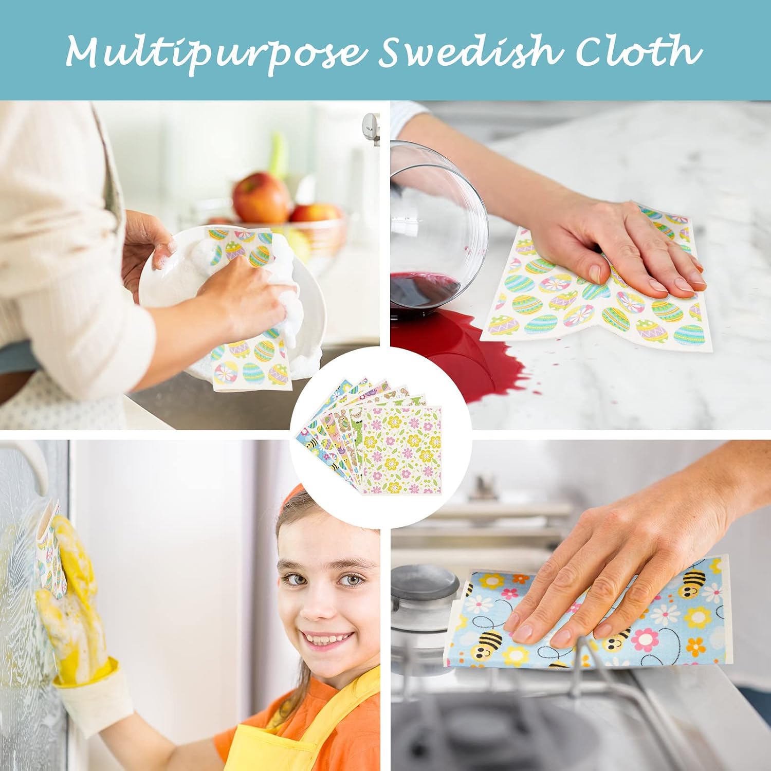 Whaline 6 Pcs Easter Swedish Dishcloths Easter Egg Bunny Chicken Flower Kitchen Dish Towel Cute Reusable Cotton Kitchen Towels for Easter Spring Baking Cooking Home Seasonal Decoration, 6.7 x 7.7 Inch image 5