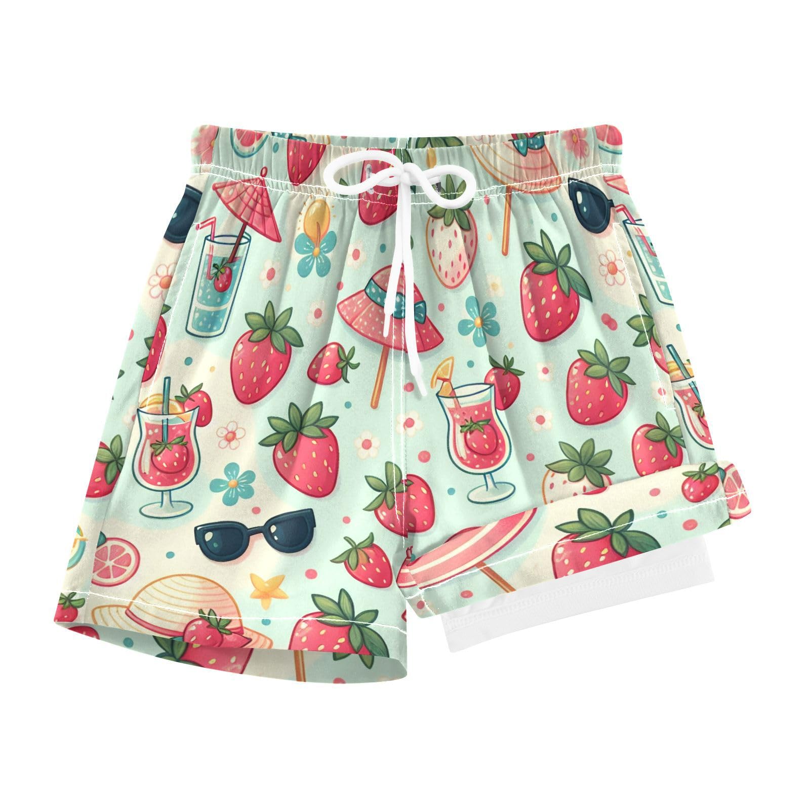 YANENDIE Boy Swim Trunks with Compression Liner Strawberry Summer Boys Swim Shorts Quick Dry Beach Shorts