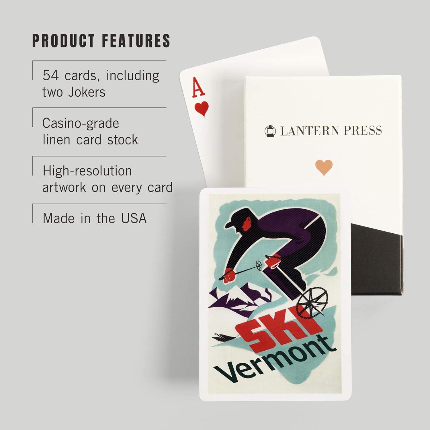 Lantern Press Ski Vermont, Retro Skier, 52 Playing Cards for Adults, Poker Size Card Deck