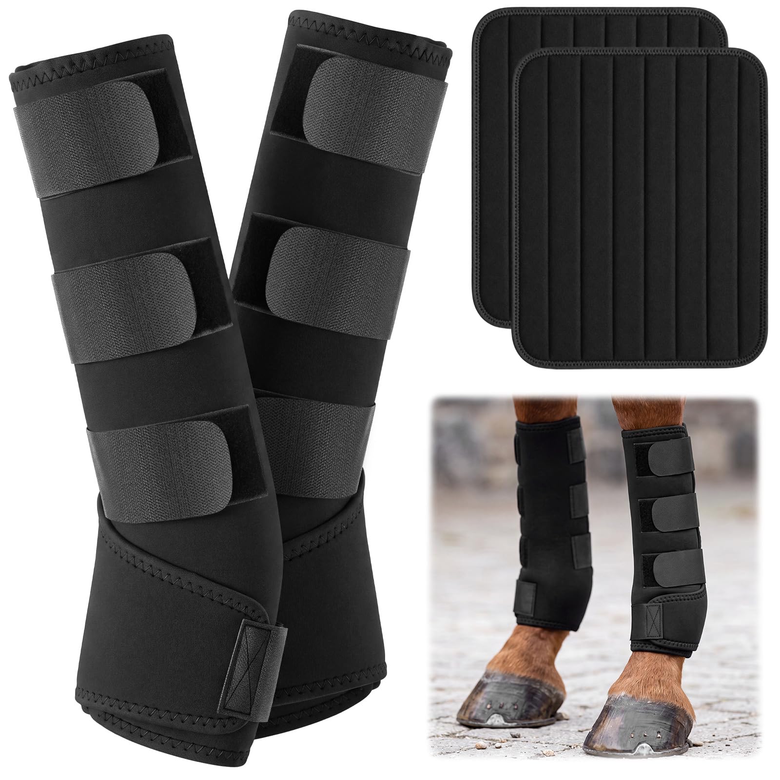 Abbylike L - Fasce imbottite per cavalli, in nylon, colore: nero | Fasce per gambe in nylon traspirante con cinghie regolabili in velcro per riposo stabile, spedizione e protezione quotidiana