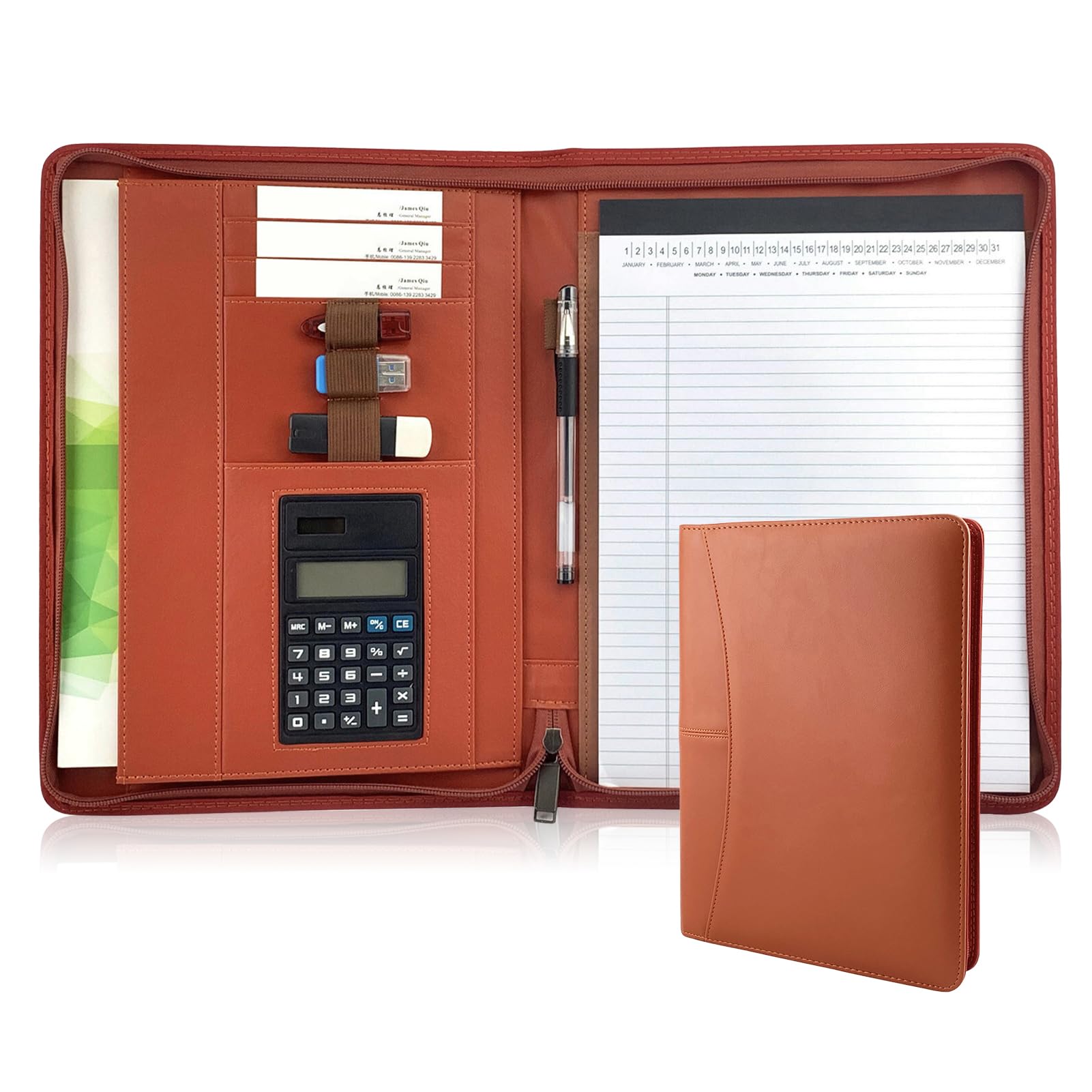 Portfolio organizer con cerniera, formato A4, in poliuretano, con calcolatrice, per interviste, curriculum, pianificatore, agenda, agenda e supporto per manici, per uomini e donne