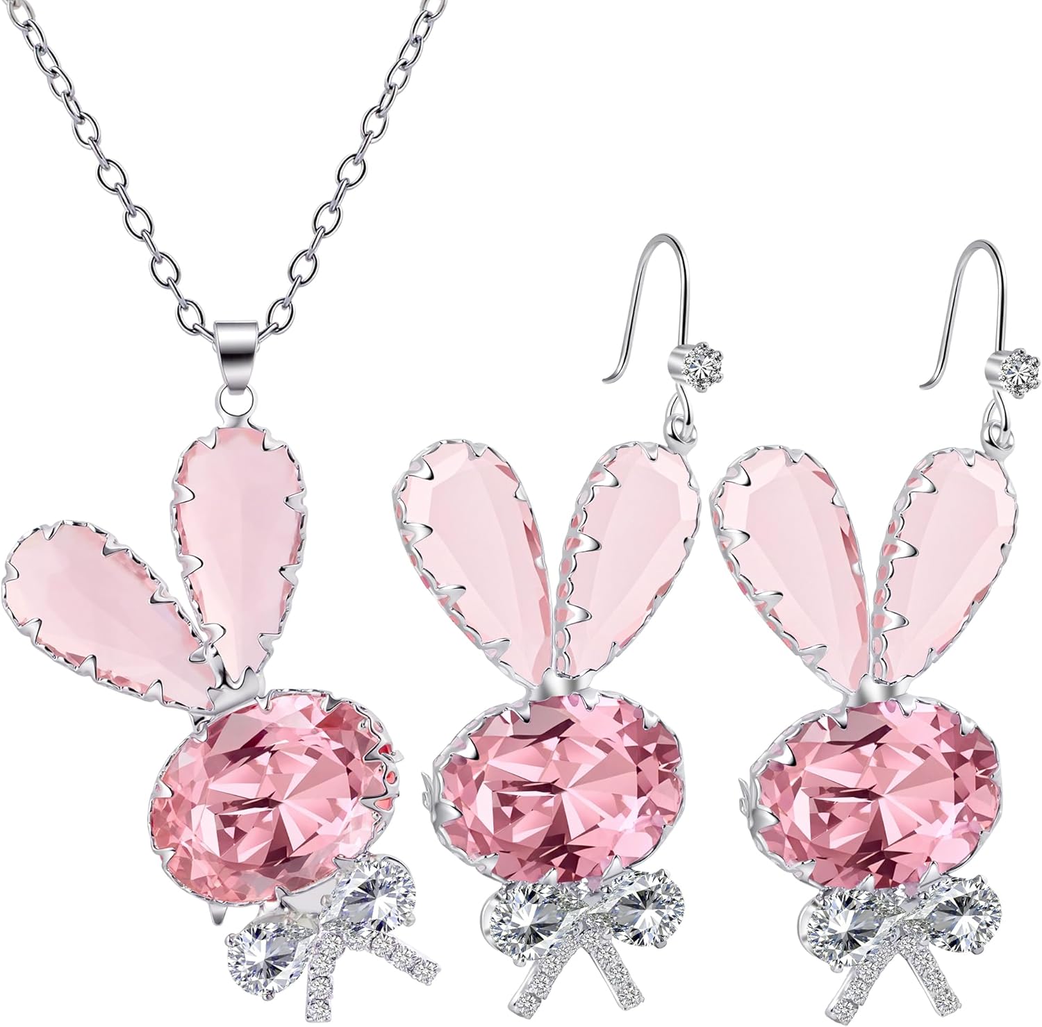 Bunny Easter Earring and Necklaces Set for Women Pink Crystal Cute Rabbit Pendant Funny Holiday Festival Jewelry Gifts for Her