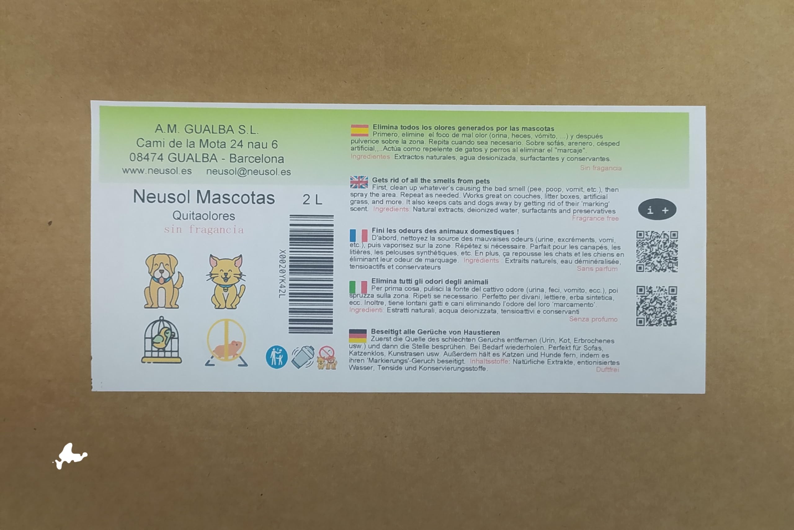 Mascotas 2L Eliminador de olores de mascotas instantáneo. Anti olor orina, heces, vómito de perros, gatos... SIN fragancia Repelente de micciones.