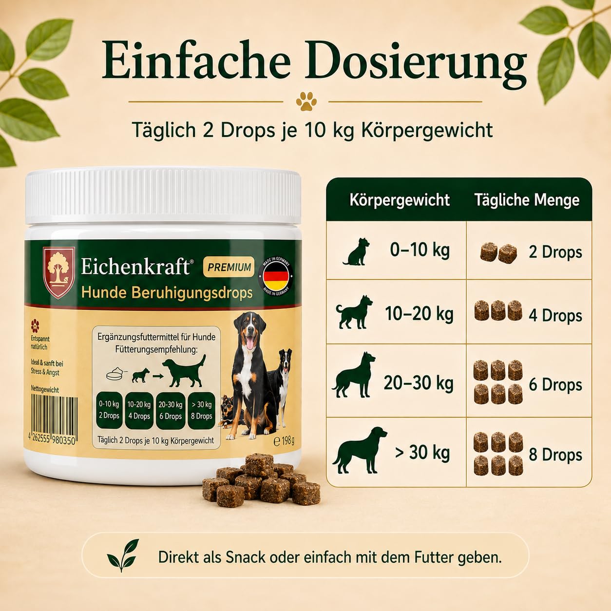Hunde Beruhigungs Drops 270g | Kausnacks Hund für Beruhigung & Entspannungs- Anti-Stress-Mittel mit Baldrian, Ashwagandha, Johanneskraut, Hund beruhigen, Silvester, Autofahrt, Stress, Leckerli