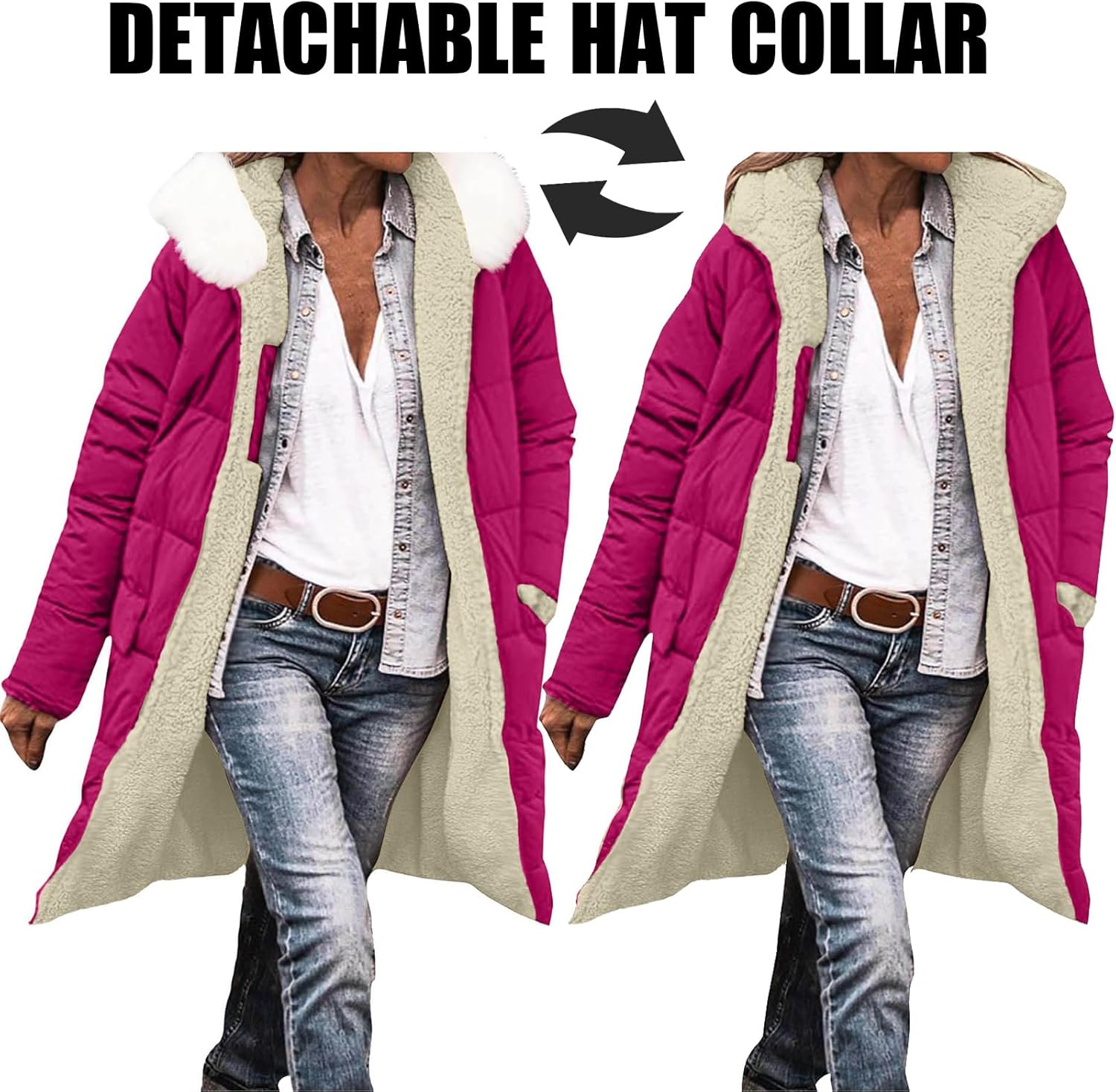 Down Jacket Women Oversized Fleece Puffer Full Zip Long Jackets Winter Warm Fur Collar Hooded Coat Outerwear