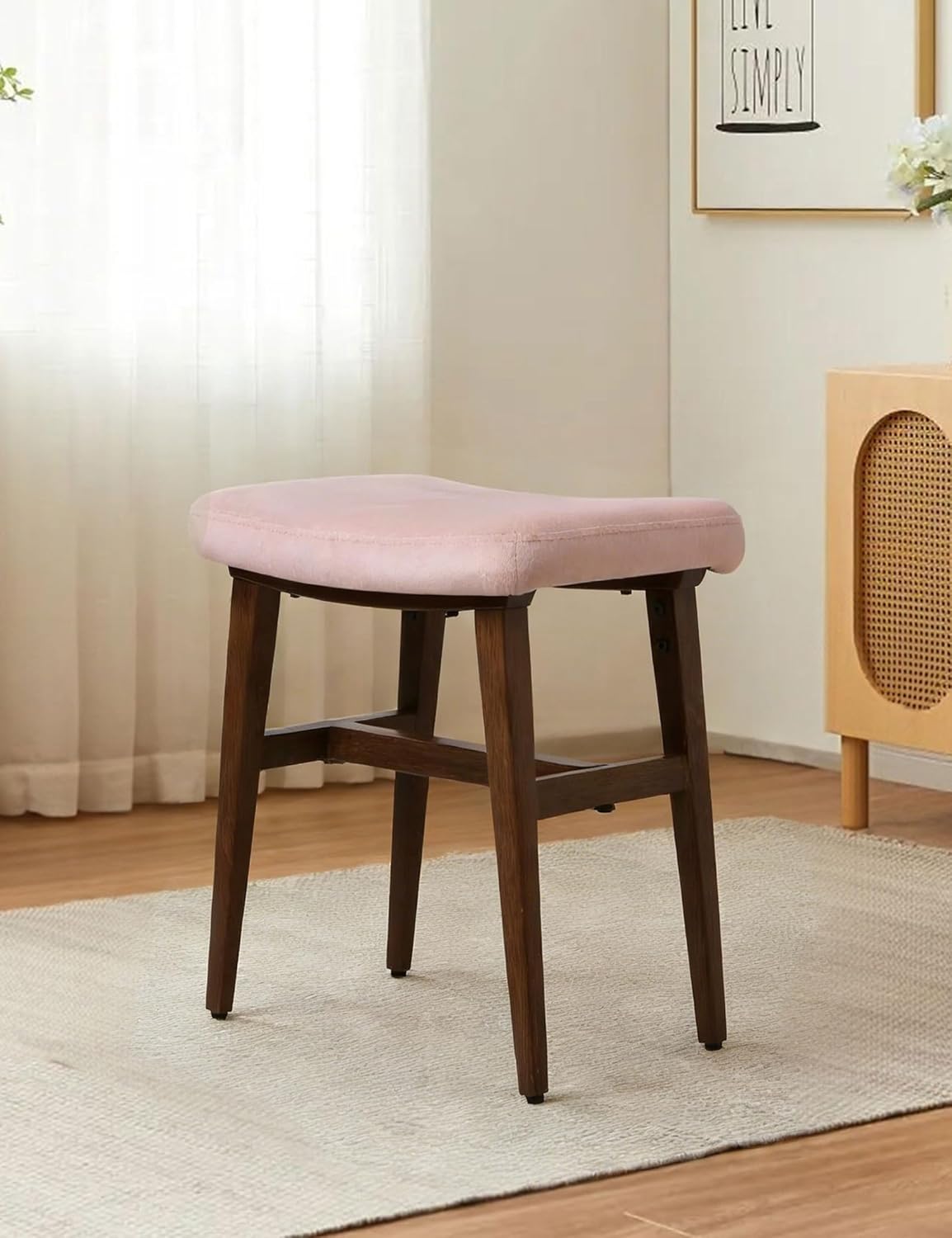 Cream Vanity Stool, Compact Makeup Chair with Saddle Cushion, Velvet High Rebound Sponge Seat, Easy Assembly Footstool for Bedroom, Entryway, Home, Metal Legs