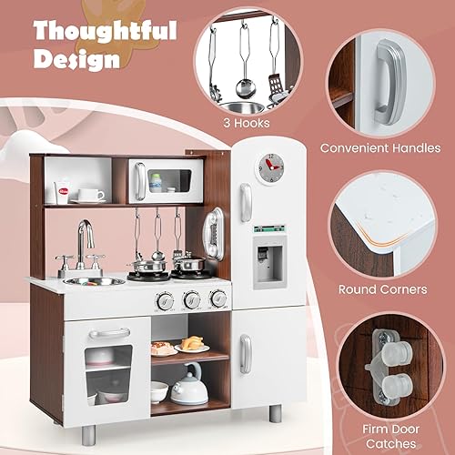 Miniatura 3 de Costzon Juego de cocina para niños, cocina de simulación para niños pequeños con utensilios, horno, gabinetes, grifo, fregadero, teléfono y