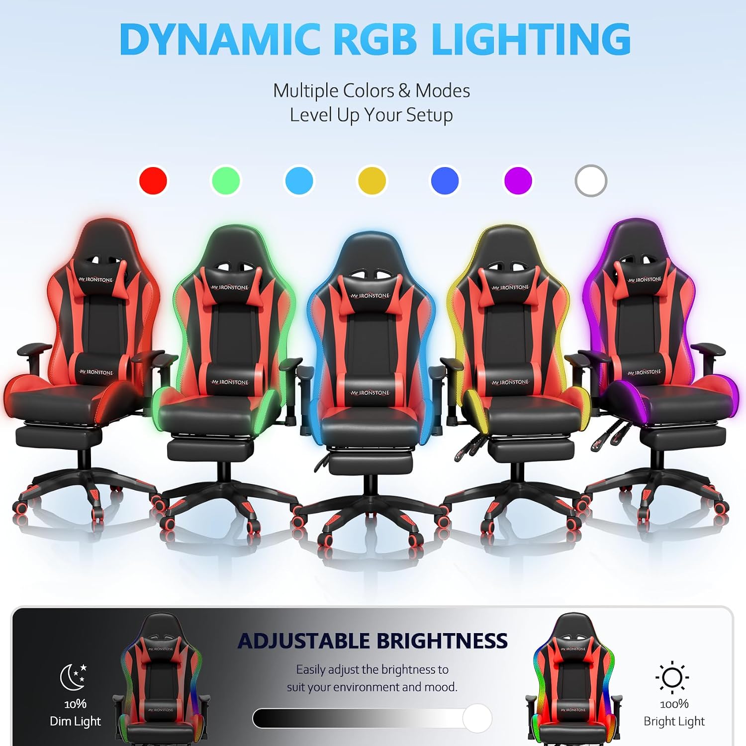 Mr IRONSTONE RGB Gaming Chair with Bluetooth Speakers, Ergonomic Gamer Chair with LED Lights, Vibration Lumbar Support, Footrest and High Back Reclining Design for Adults, Red