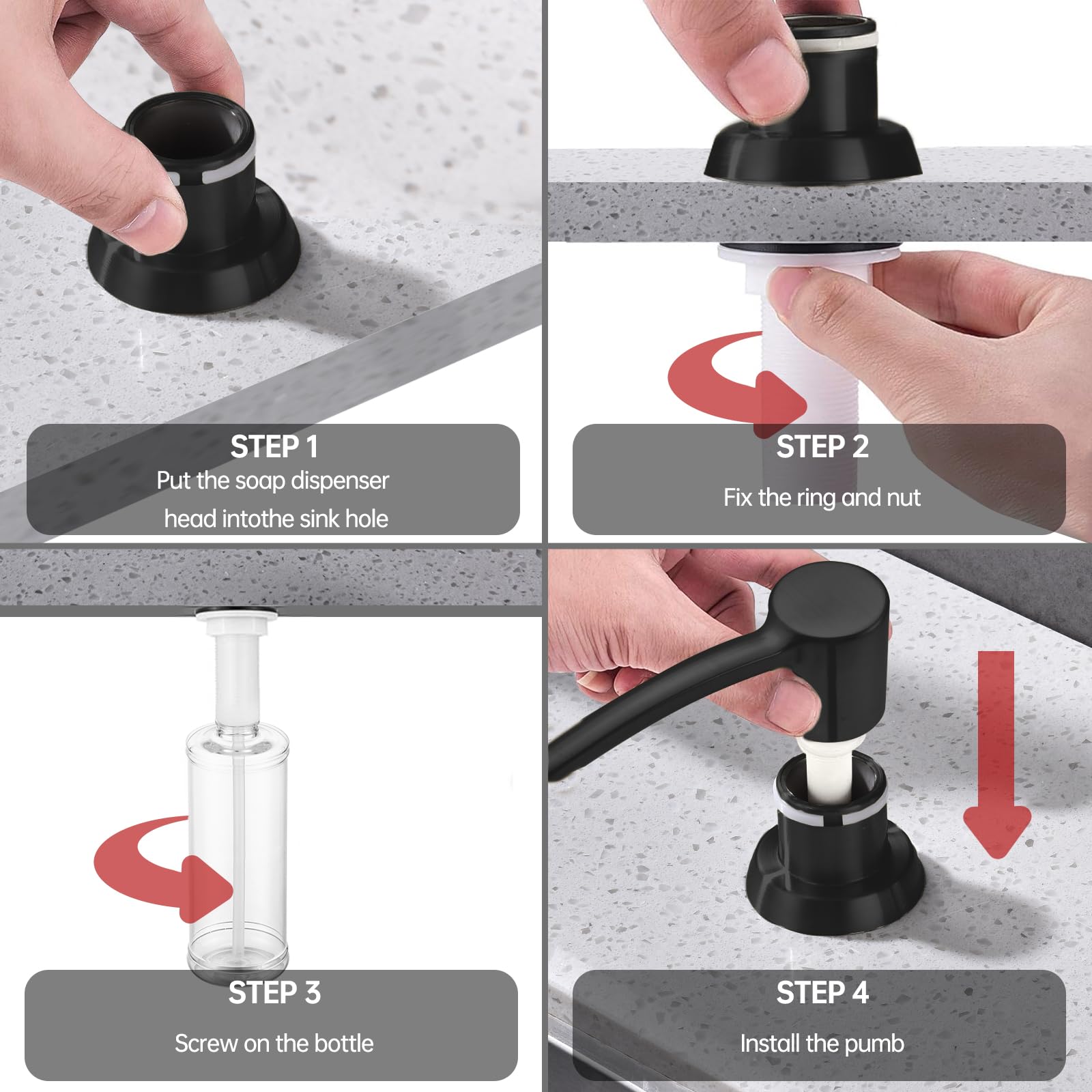 Dispensador de jabón para fregadero integrado, negro mate, cabezal de bomba ABS, recambio desde la parte superior, dispensador de jabón de manos para cocina