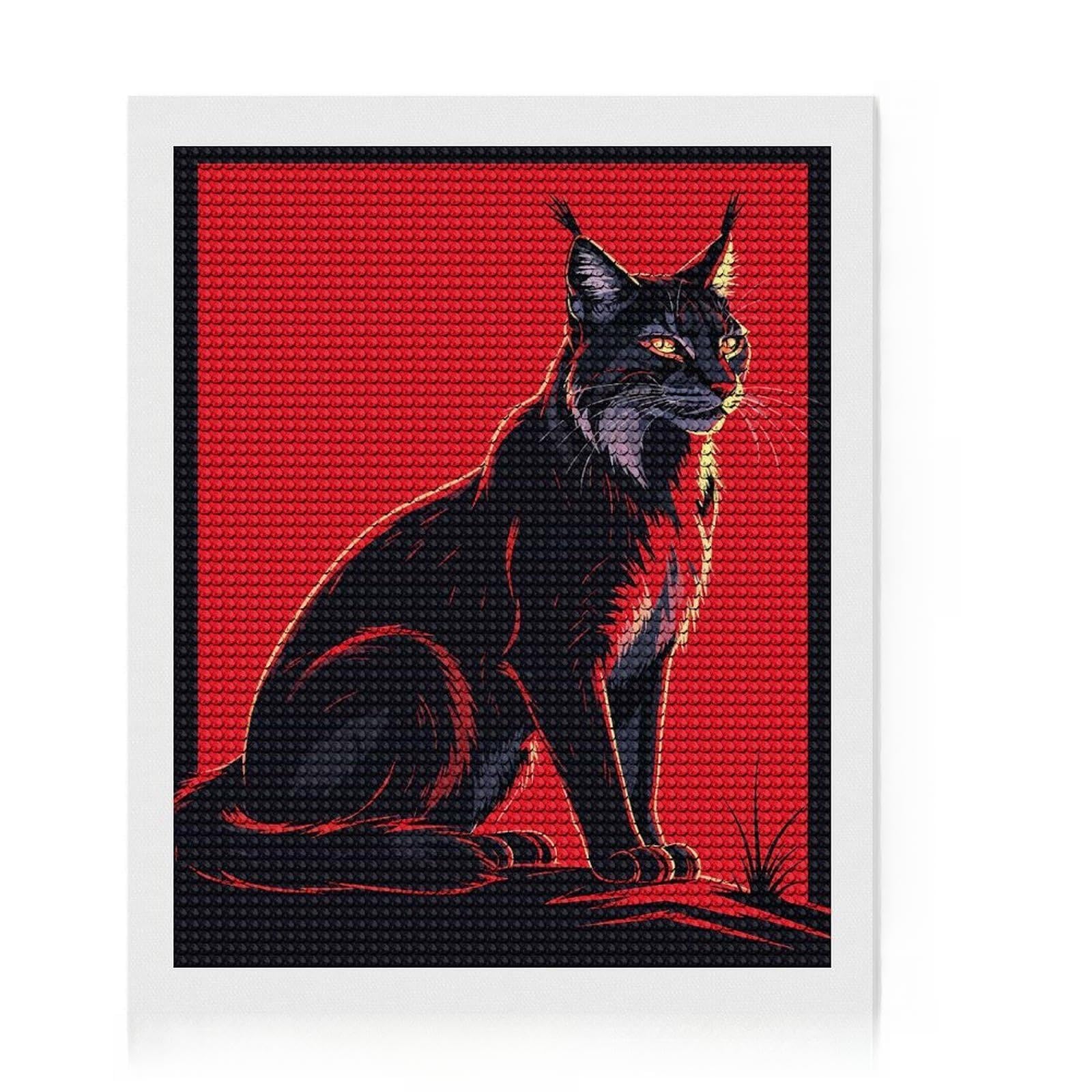 Junmoney Lynx Portrait on Red Background Diamond Art Canvas 16"x20", Neat Printed Canvas, Mindful Craft Activity, Cosy Home Accent, Festive Craft Gift