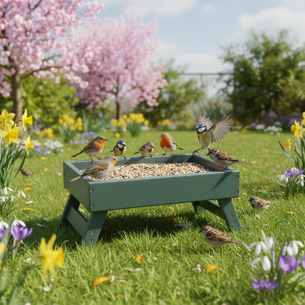 Ground Bird Feeder Tray with Metal Mesh, 5 lb Large Capacity Platform Feeder for Cardinals Blue Jays Doves, Recycled Plastic Outdoor Bird Feeder Stand for Backyard Wild Birds, Squirrels & Chickens