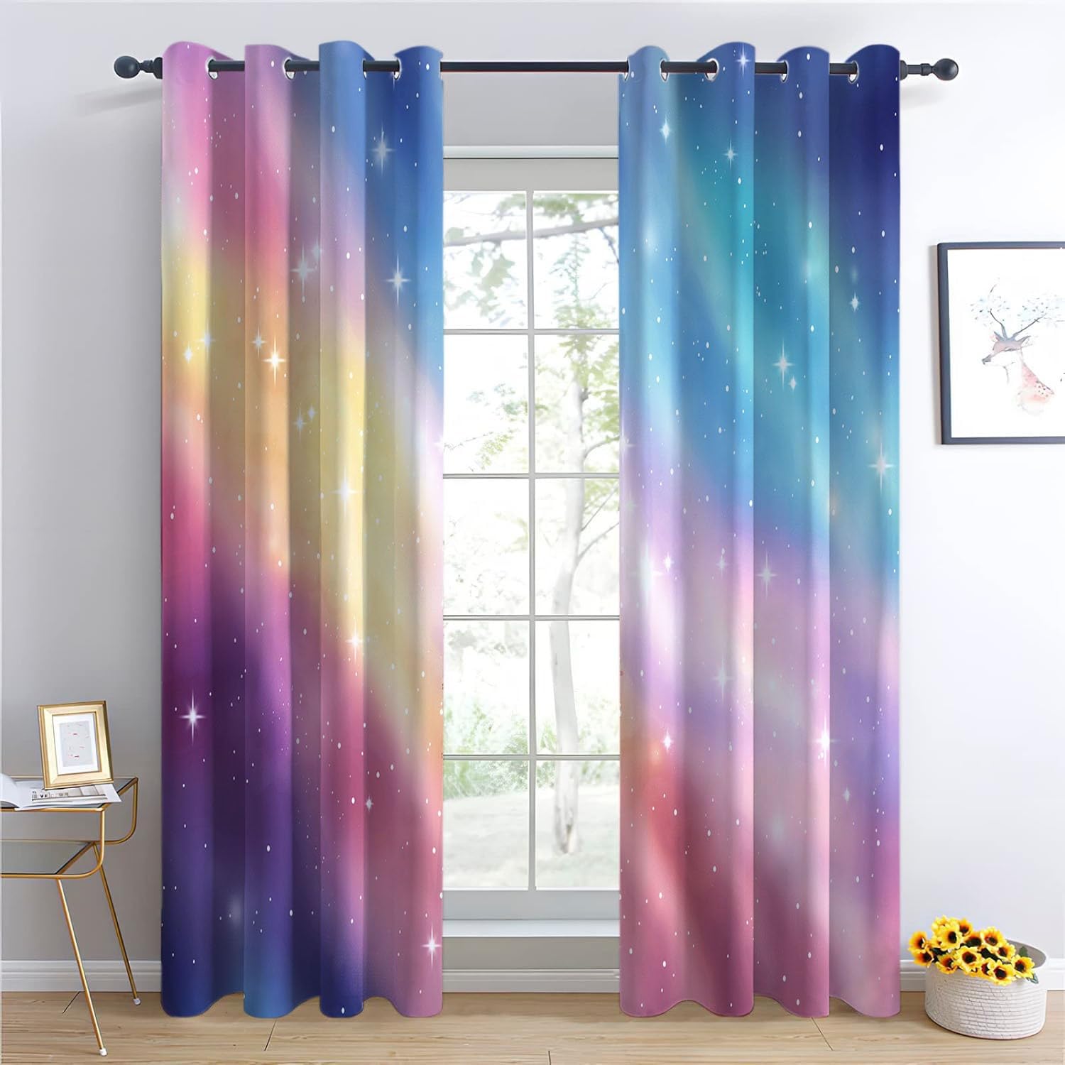 Kinder Vorhänge Regenbogen-Farbverlauf Ösen Gardinen mit Blickdichte Thermo Vorhang Kälteschutz Blackout Curtain Kinderzimmer Schlafzimmer Ösenvorhang Ätherische skurrile Fantasie H 260 x B140cm x2