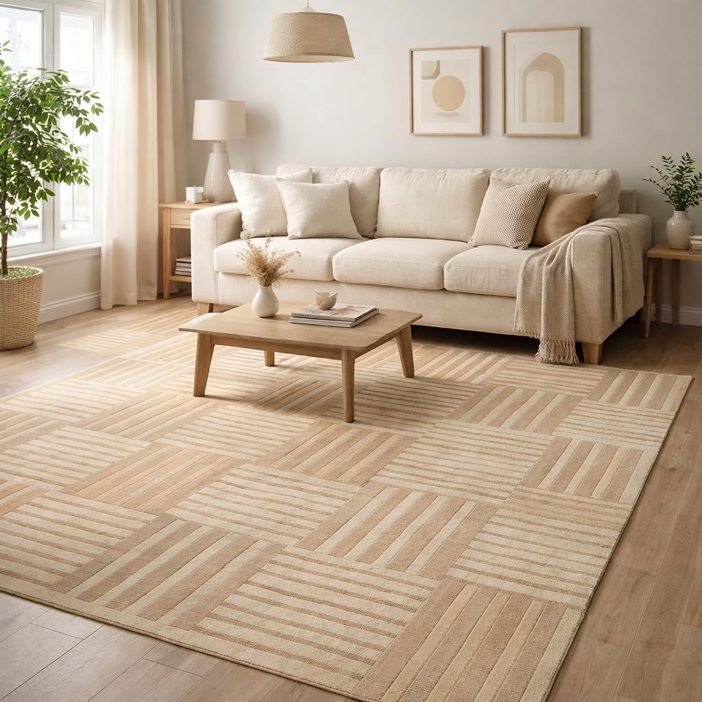 Hand Tufted Wool Area Rug, Beige & Ivory Geometric Patchwork Striped Block Pattern, Modern Neutral Floor Rug 7x10, 6x9, 8x10, 9x12 Sizes