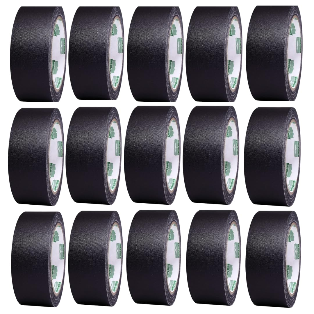 BookGuard 1-1/2 Inch Wide Bookbinding Tape, Ideal for Arts, Office, and Library Supplies, Vinyl Coated Cotton Cloth Book Repair Tape - 15 Yards, Black - Case of 15