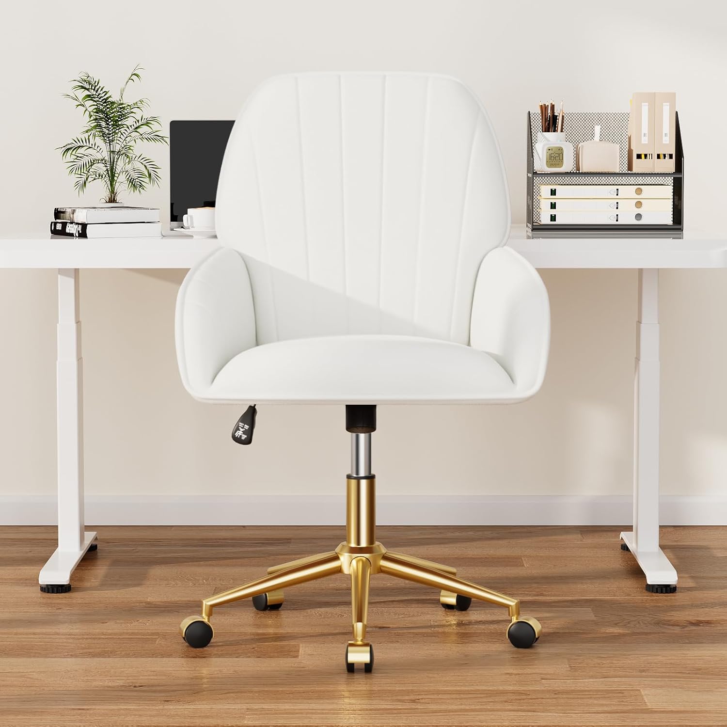 Home Office Desk Chair Comfy with Adjustable Swivel Wheels, Modern Velvet Makeup Vanity Chair with Back & Pillow, Ergonomic Office Chair Computer Task Chair for Living Room, Bedroom, White