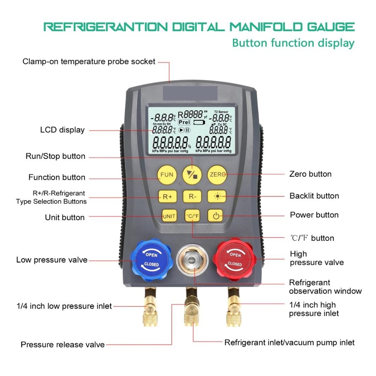 Cyfrowy miernik kolektora, Pressure Gauge Digital Vacuum Manifold Tester Meter Refrigeration Temperature