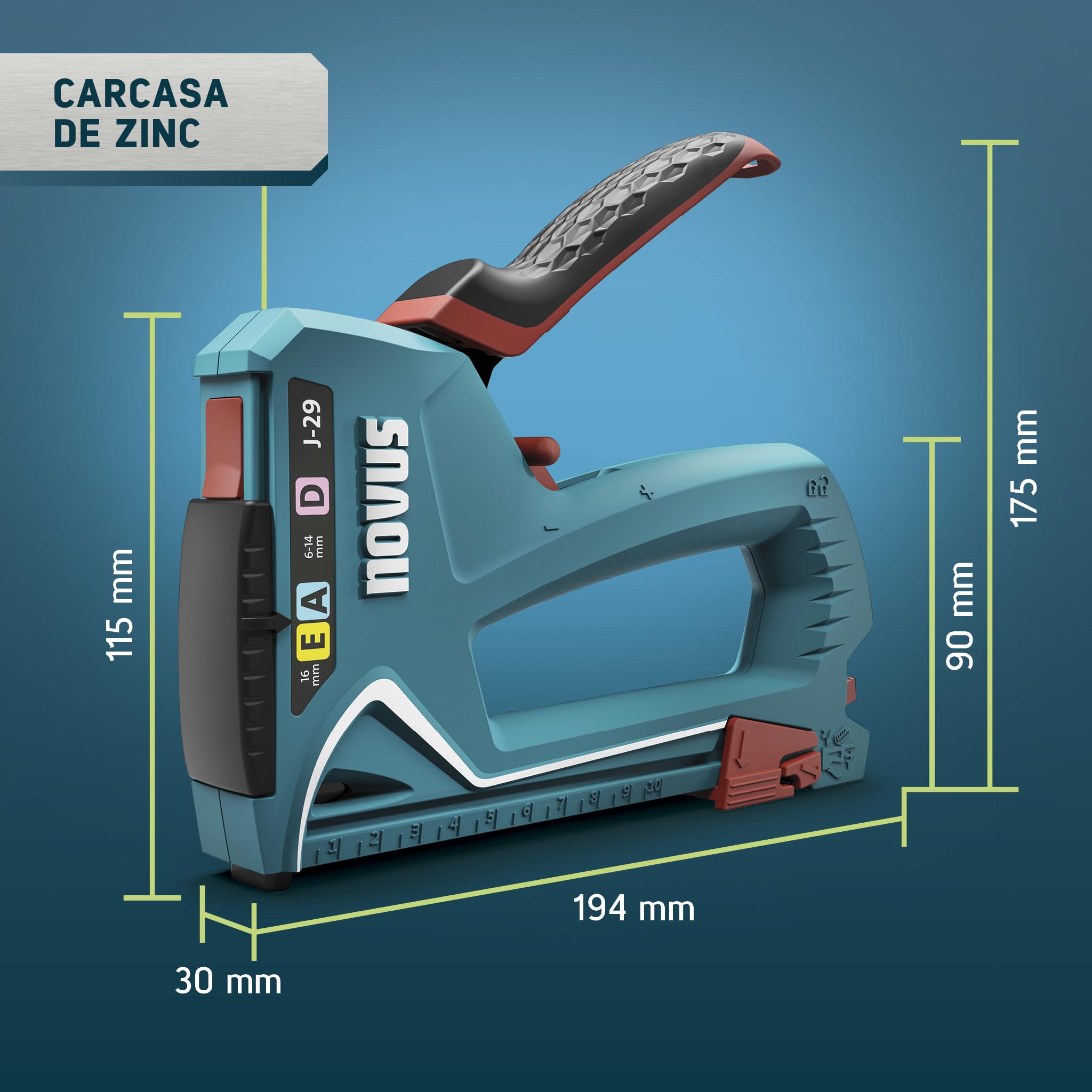 NOVUS TOOLS Juego de grapadora manual J-29 con 1800 grapas, grapadora universal profesional para madera con carcasa de metal y mango suave, para grapas de alambre fino y alambre plano de 6-14 mm