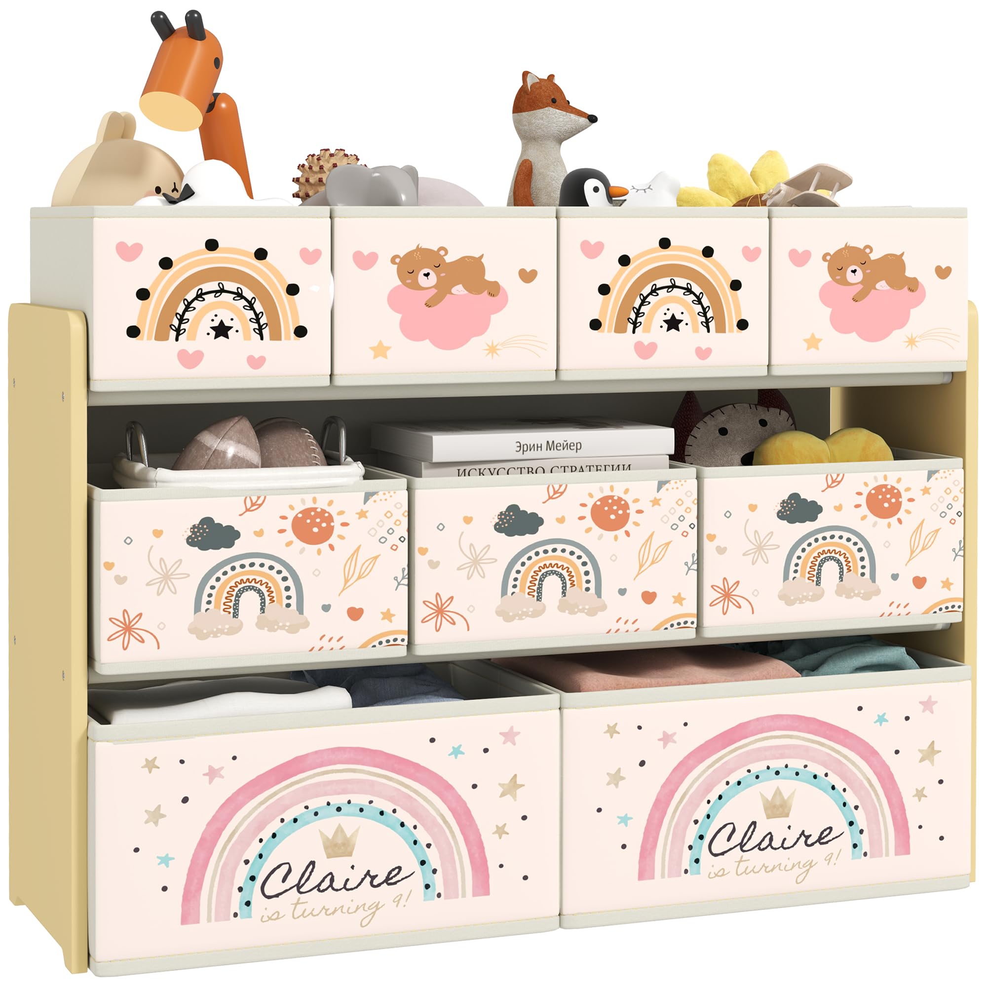AIYAPLAY Estantería para Juguetes para Niños Organizador de Juguetes con 9 Cestas de Tela no Tejida para Guardería Sala de Juegos 93x30x70 cm Amarillo