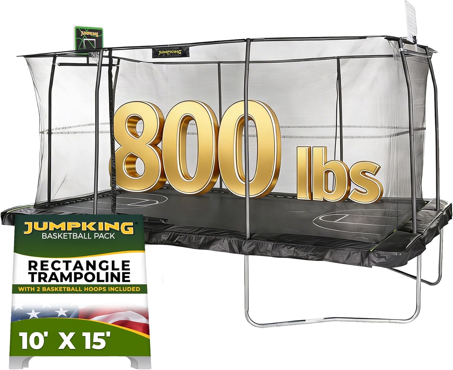 JumpKing 10'x15' Rectangle Trampoline w/ 2 Powder Coated Basketball Hoops & Breakaway Rim - Outdoor/Indoor Recreational Trampoline w/ Enclosure Net - Holiday Gift for Kids, Adults, and Family Fun