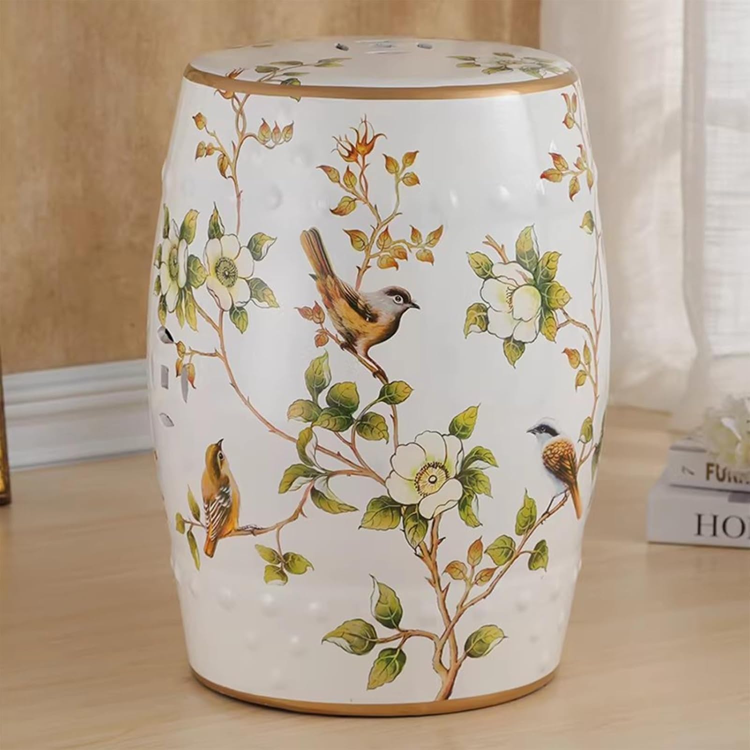 Ceramic Garden Stool Table Drum Accent Stools, Floral Bird Decorative Patio Stool, Hand-Painted Glazed Accent Furniture For Living Room Balcony, Ceramic Side Table For Home Decor(Classic Green)