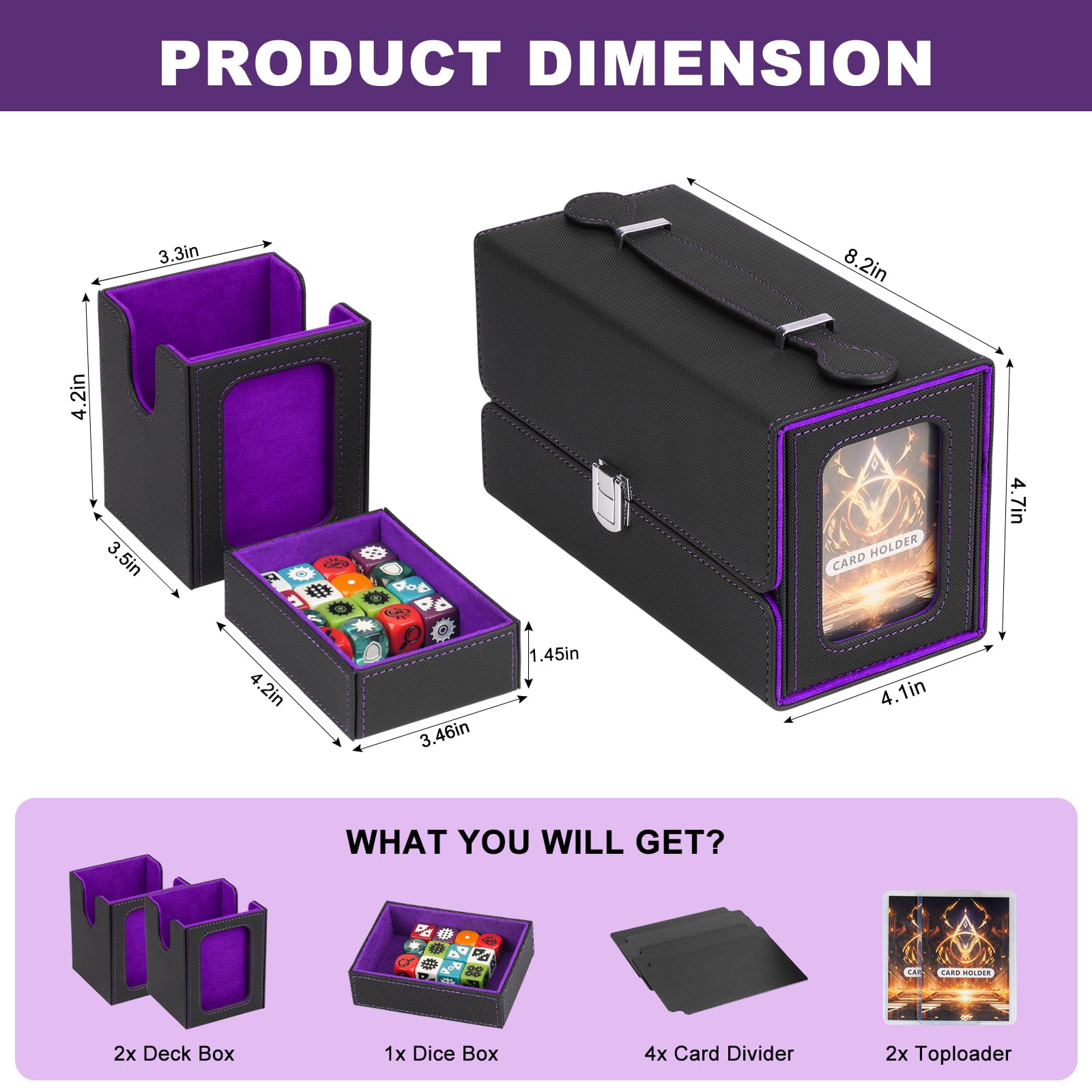 Deck Box MTG / TCG 3-en-1 – Boîte de Rangement Cartes 200+ Double Sleeves, 2 Deck Box avec Plateau à Dés et Fenêtre Commandant, Porte Cartes à Collectionner en Cuir PU Magnétique, noir et violet