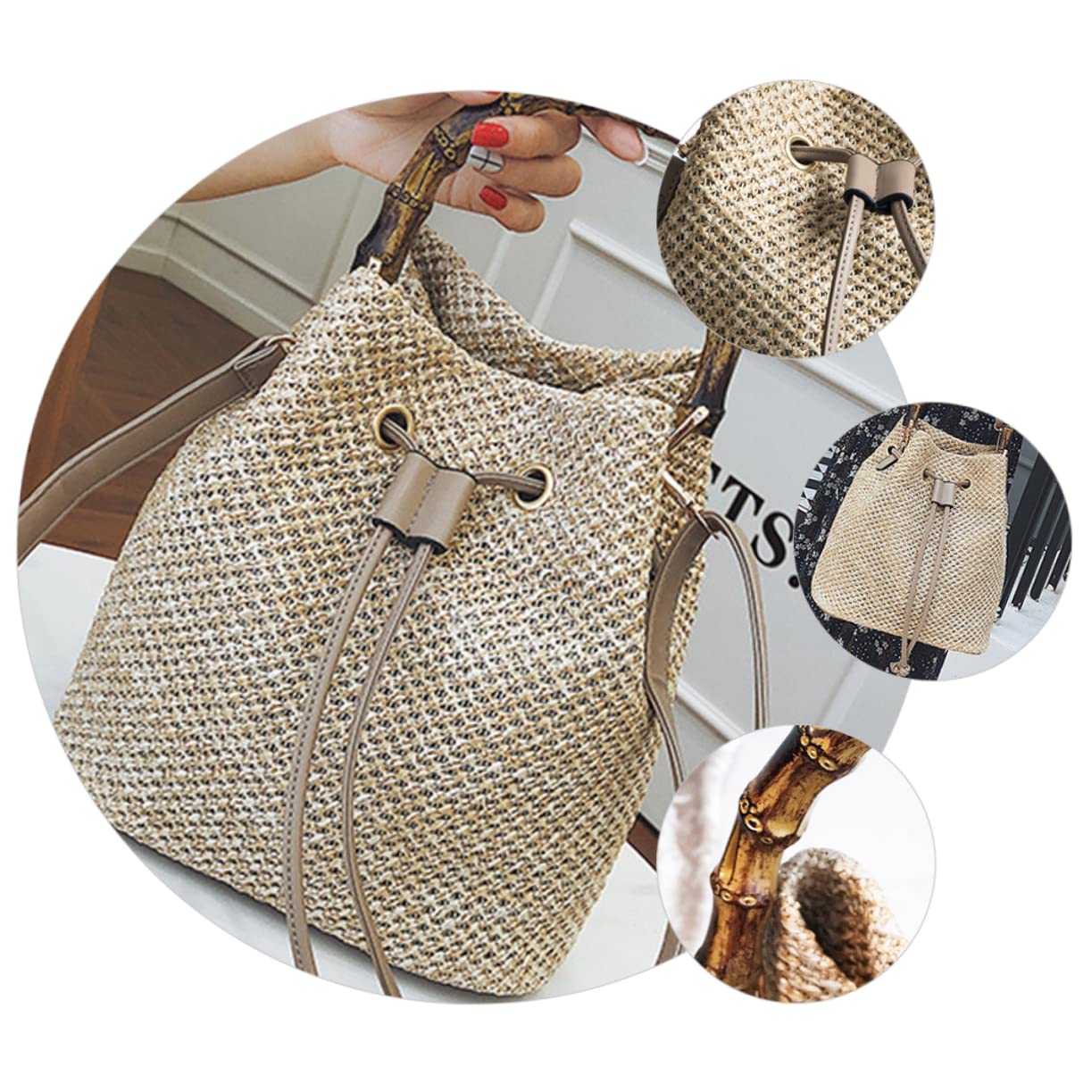 Garneck 1pezzi Borsa Tracolla in Paglia Borsa Secchiello Coulisse Tracolla Forma Di Secchiello Intrecciata Capiente e Pratica Per Viaggi e Uso Quotidiano