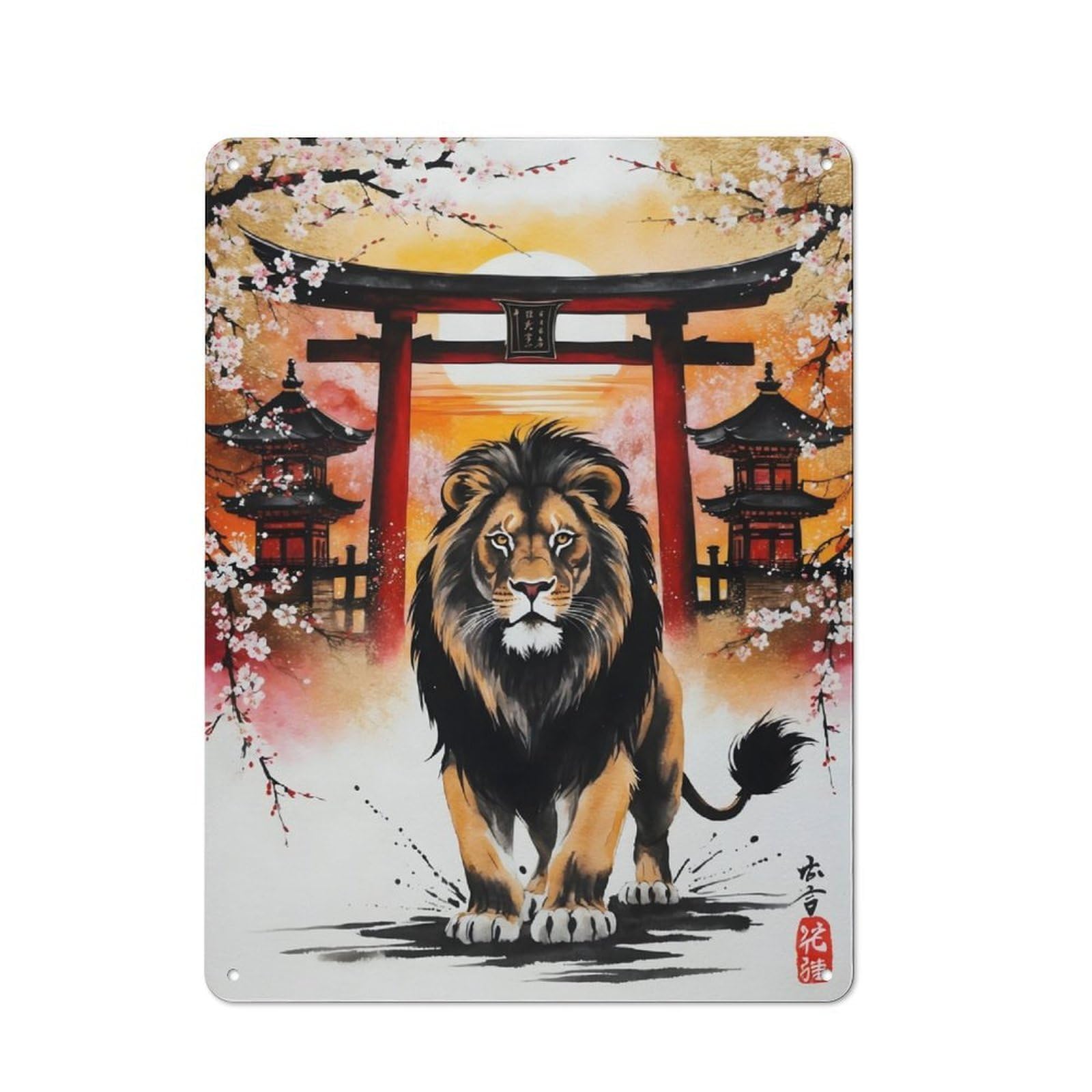 Rustic Vintage Metal Sign 40x30cm Featuring Lion Japan Painting, Home Bar Decor for Cafe, Pub, Workshop Or Home Bar