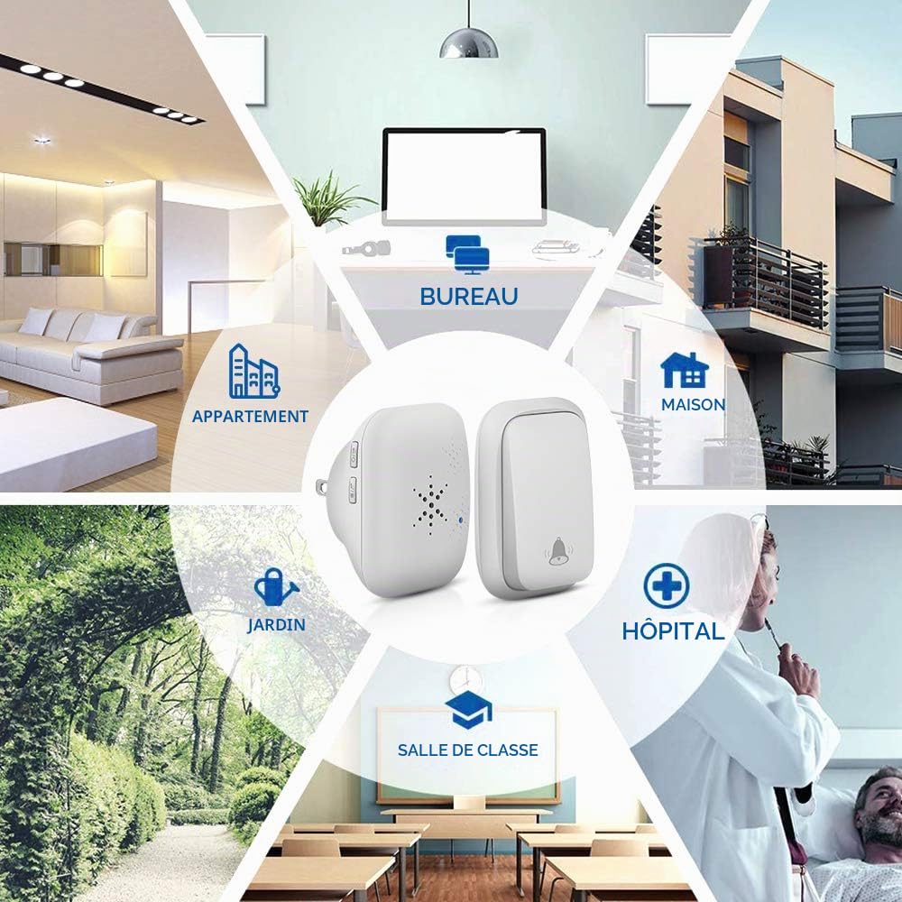 Sonnette sans Fil, PDGROW Sonnette Auto Alimentée sans Batterie Requise Carillon de Porte sans Fil, Bouton Poussoir étanche à 150m de Portée avec 38 Carillons, Volume à 4 Niveaux et LED - Blanc