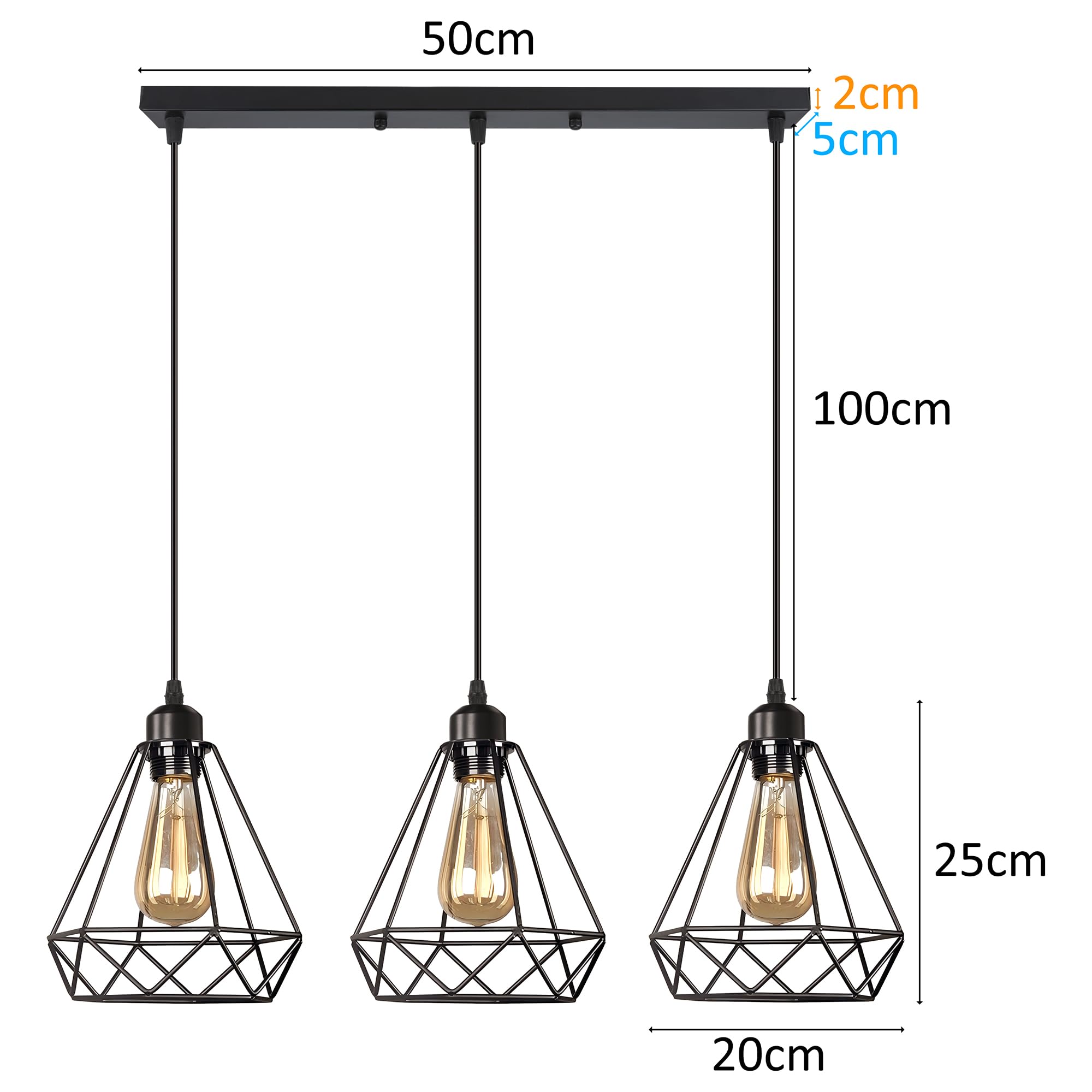 iDEGU 3 Luci Lampadario a Sospensione Industriale Vintage Lampada a Sospensione 20cm Metallo Gabbia Paralume Illuminazione E27 Lampadario da Soffitto per Soggiorno Cucina Sala da Pranzo (Nero, Barra)