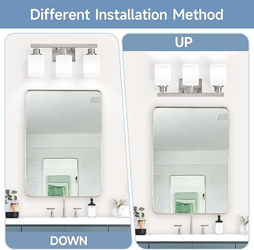 Miniatura 4 de Lámpara de tocador de baño de 3 luces, luces de tocador de níquel cepillado con vidrio esmerilado cuadrado, lámparas modernas de pared de baño sobre
