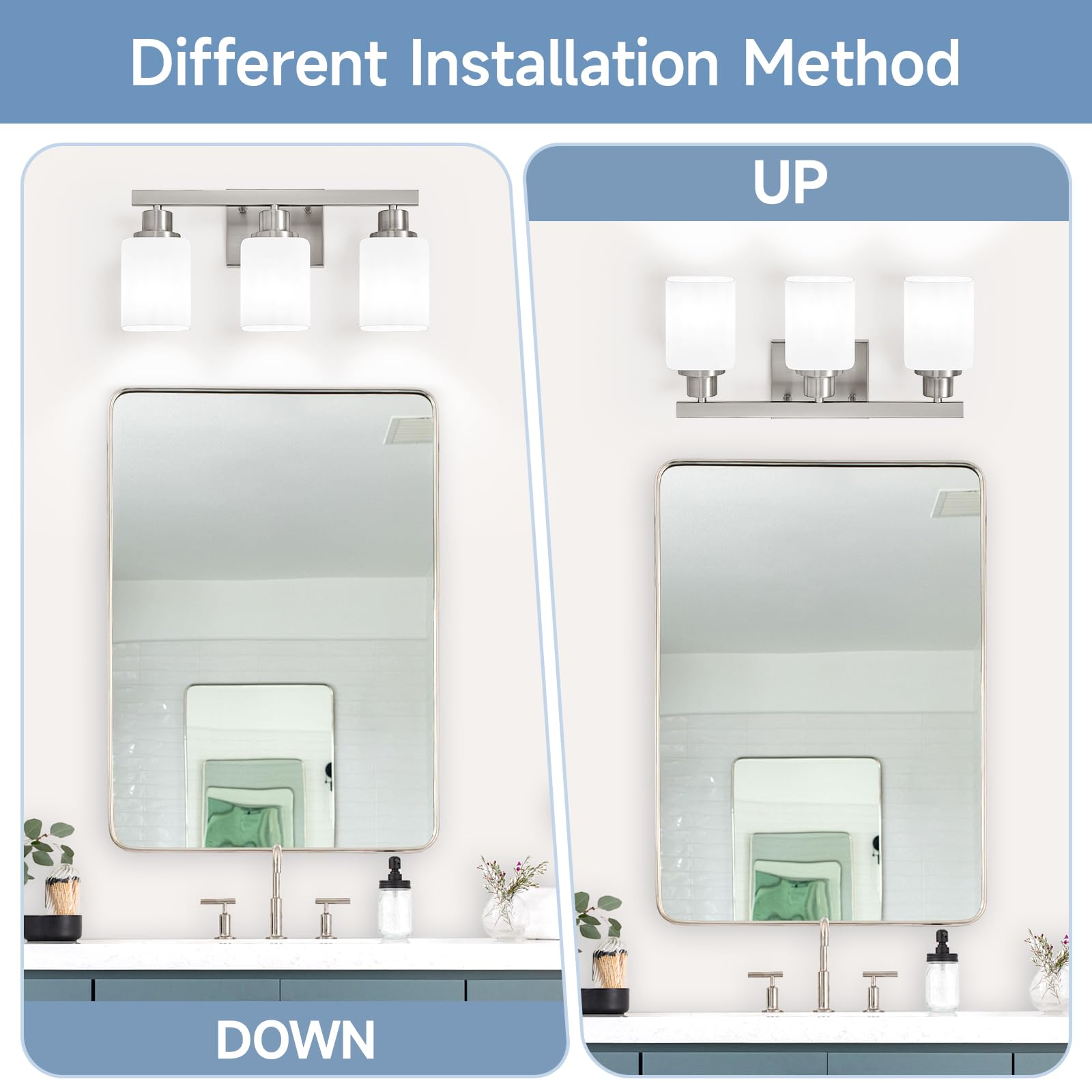 3-Light Bathroom Vanity Light Brushed Nickel Vanity Lights with Square Frosted Glass Modern Bathroom Wall Lights Fixtures Over — view 4