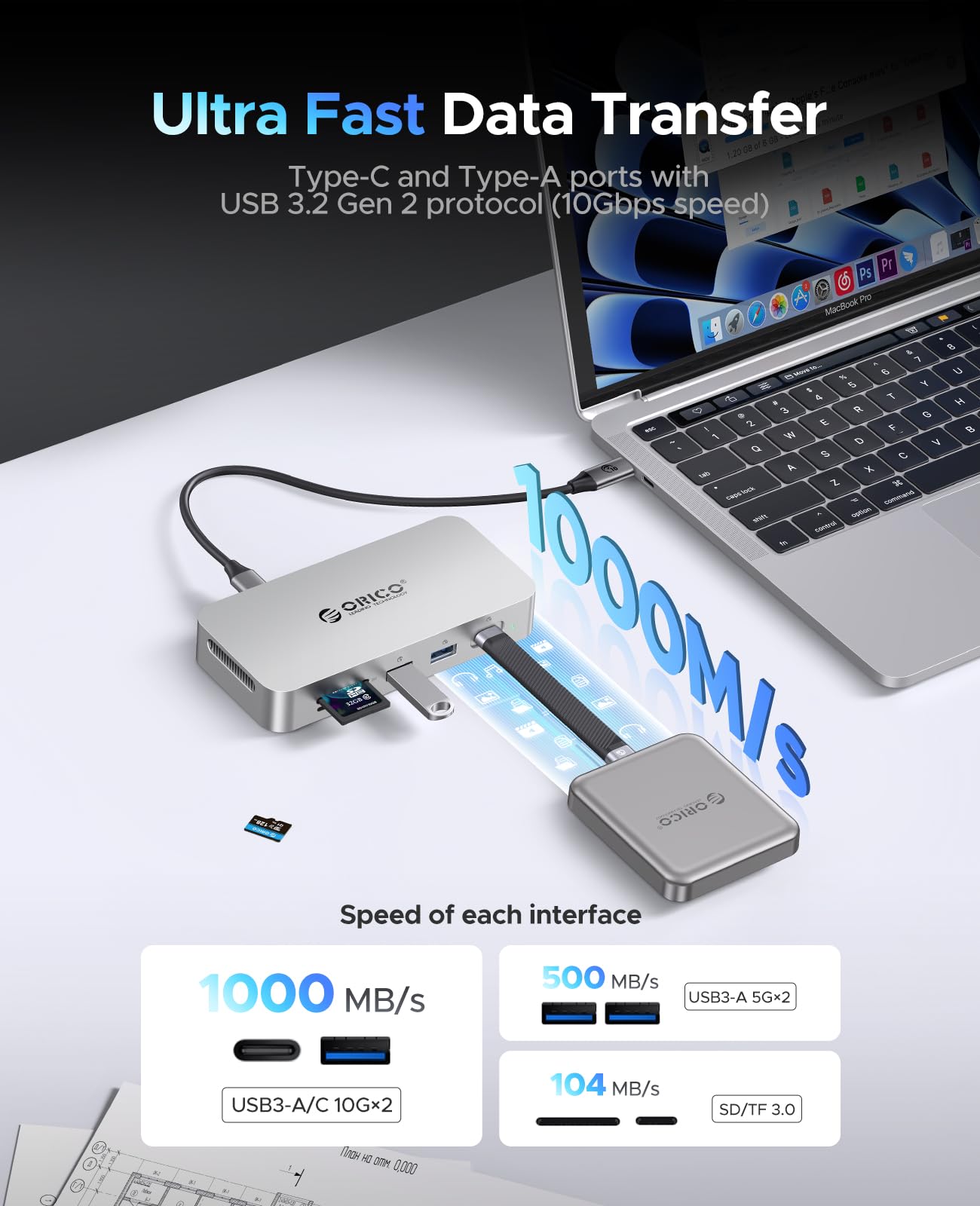 ORICO SSD Esterno 512GB, Docking Station 10-in-1 USB-C velocità fino a 1000MB/s, HDMI 4K@60Hz, ricarica PD 100W Ethernet Gigabit Hub USB, lettore SD/TF Archiviazione Portatile Multifunzione