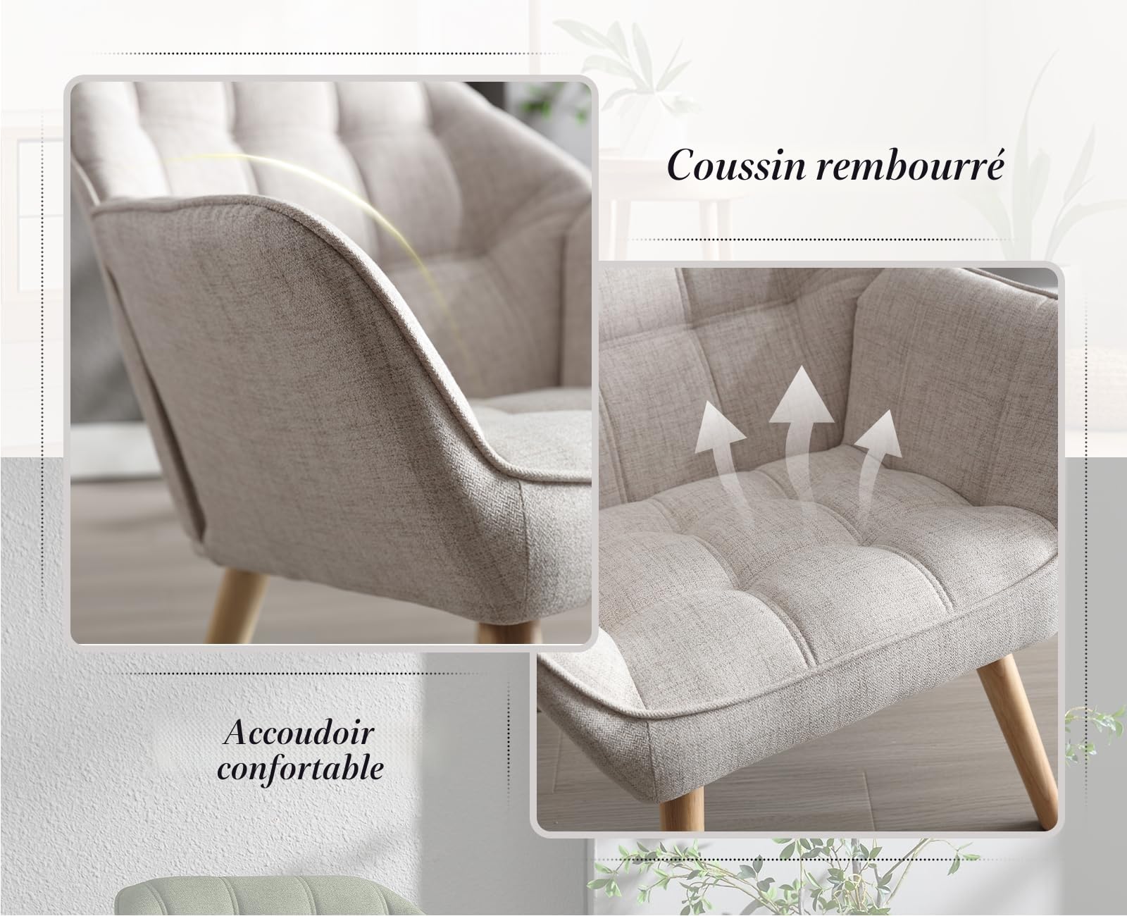 chairus Fauteuil Scandinave de Salon avec Pieds en Bois Modern Chaise de Chambre Capitonné en Lin (Beige-1)