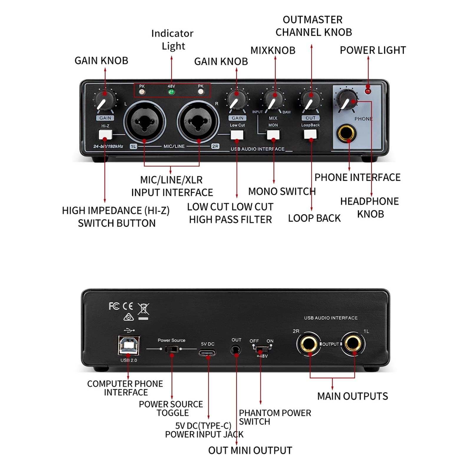 Mikser audio, Karta dźwiękowa do nagrań Sprzęt dźwiękowy do studia Interfejs USB do nagrywania z monitorowaniem sprzężenia zwrotnego 48V do gitar, basu, klawiatur(Nero)